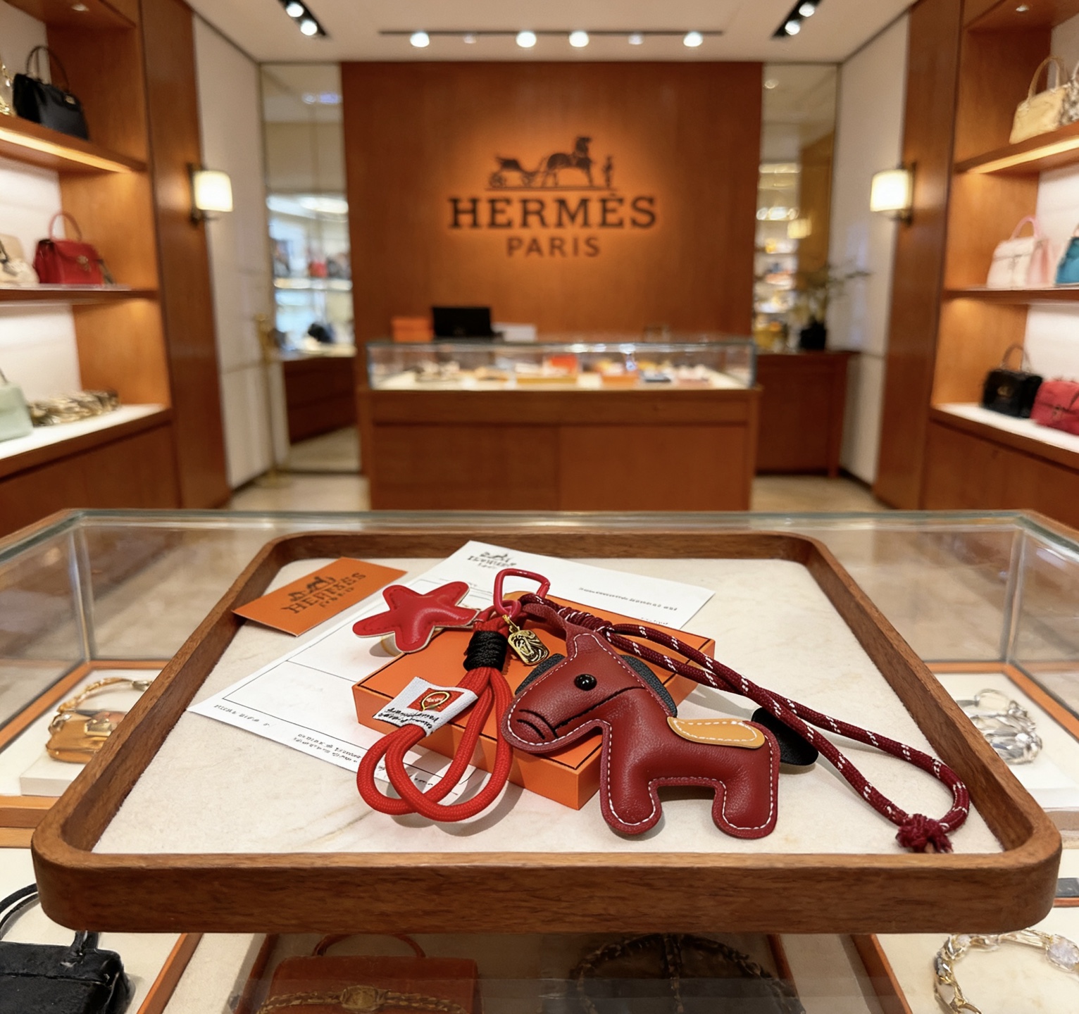Hermes Rodeo Horse Star Bag Charm colgante Cuero rojo burdeos Silla de montar de cuero color canela Detalles en negro Herrajes de metal en tono dorado Cordón tejido rojo Longitud total de la correa de 12 cm
