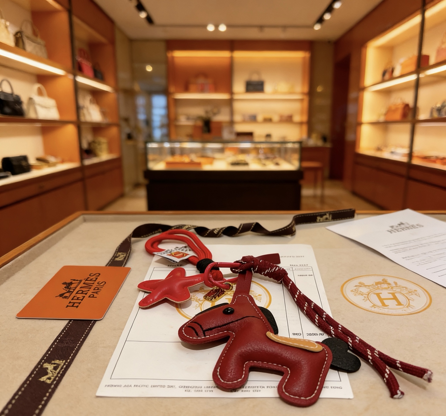 Hermes Rodeo Horse Star Bag Charm colgante Cuero rojo burdeos Silla de montar de cuero color canela Detalles en negro Herrajes de metal en tono dorado Cordón tejido rojo Longitud total de la correa de 12 cm