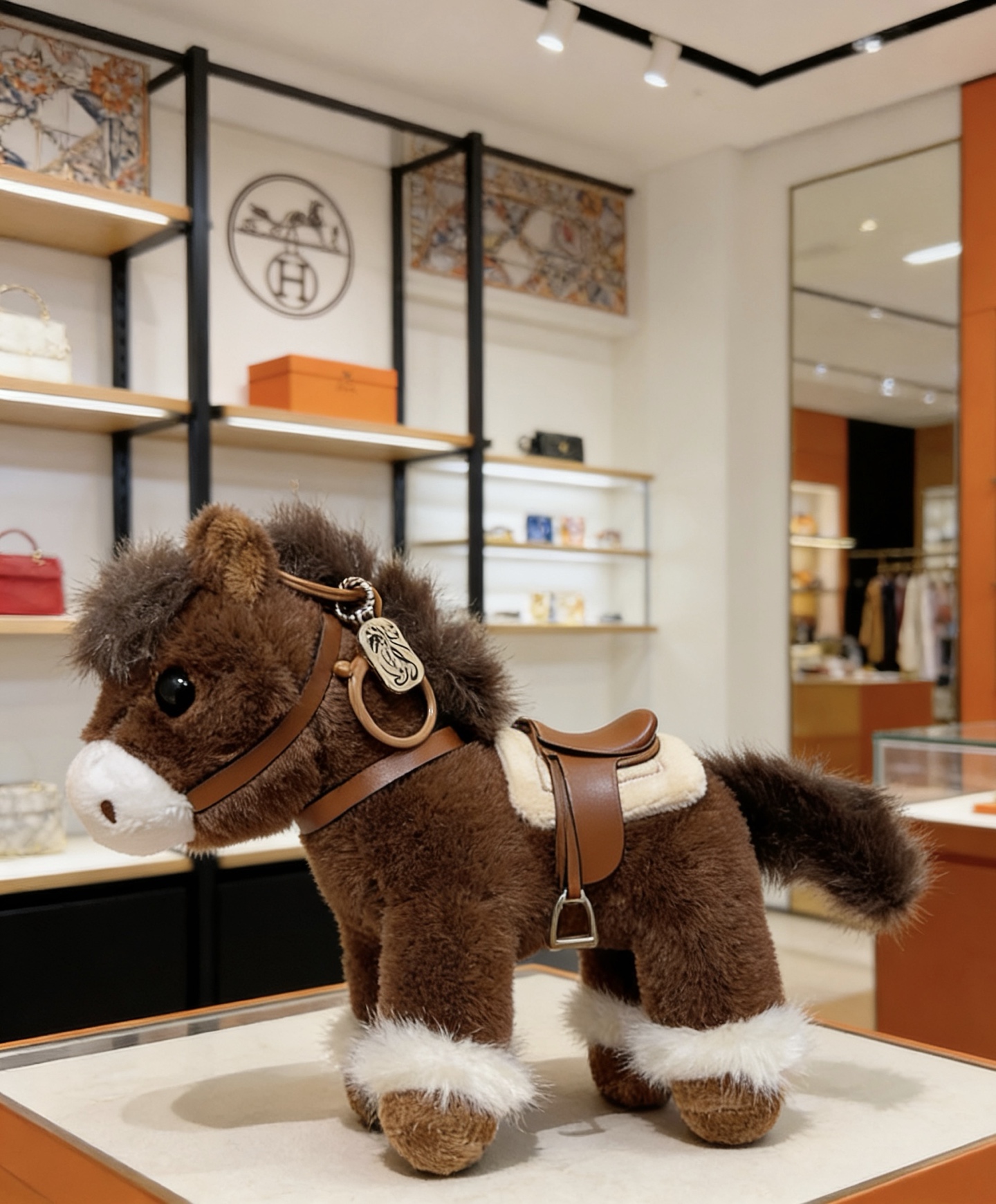 Hermes Hermes Peluche Pony Bag Ciondolo ciondolo Peluche marrone con accenti bianchi cinturini in pelle marrone chiaro hardware in metallo argentato 12 cm