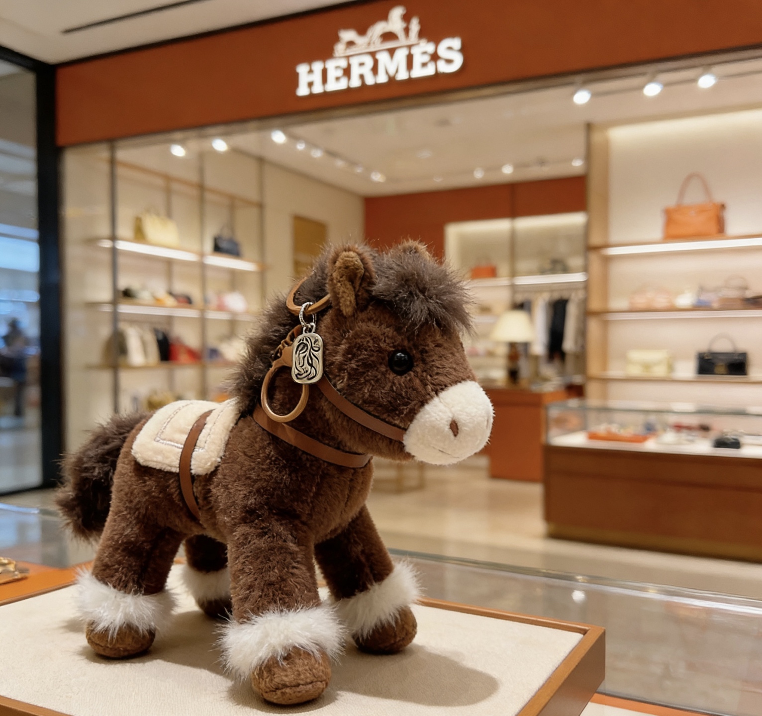 Hermes Hermes Peluche Pony Bag Ciondolo ciondolo Peluche marrone con accenti bianchi cinturini in pelle marrone chiaro hardware in metallo argentato 12 cm