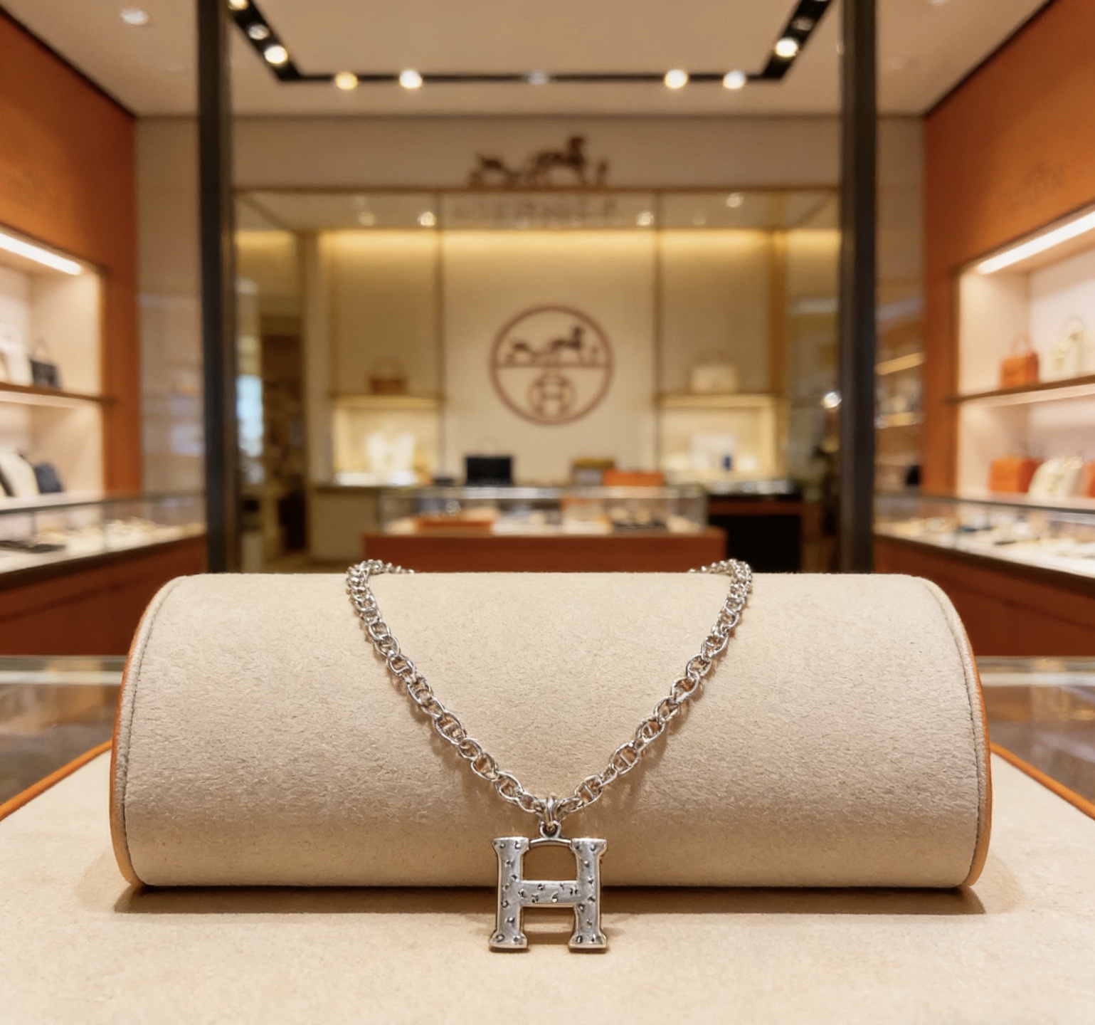 Collier pendentif Hermes Constance H en métal argenté avec détails cloutés sur pendentif H 60 cm