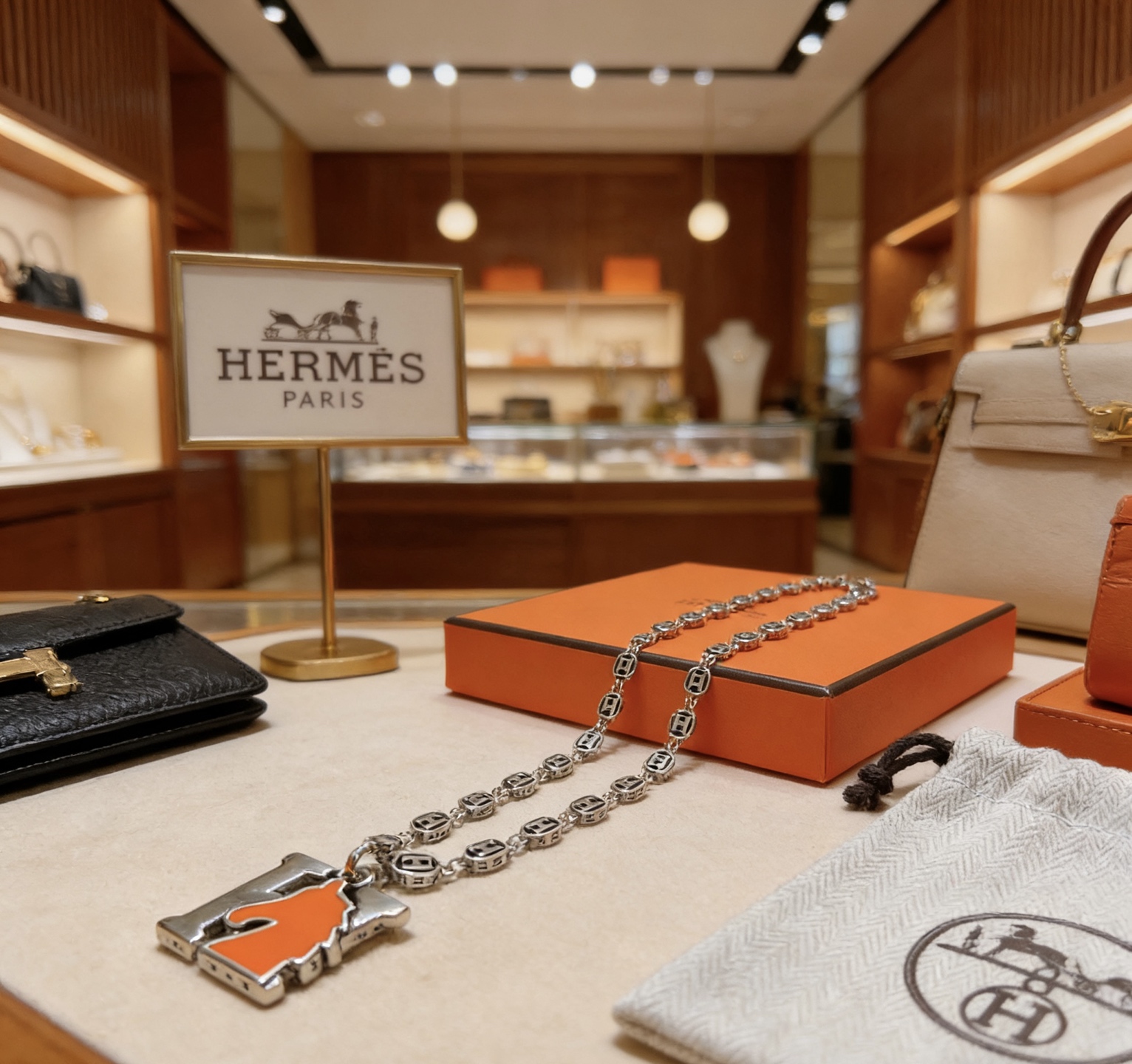 Hermes Cheval H Collar colgante Metal plateado con esmalte naranja 45cm