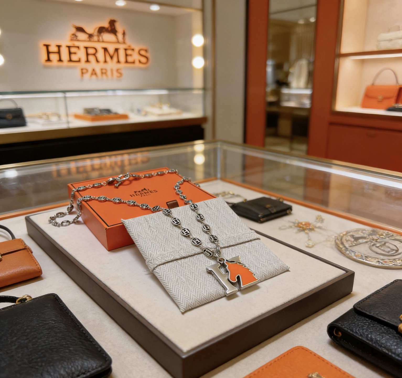 Hermes Cheval H Collar colgante Metal plateado con esmalte naranja 45cm
