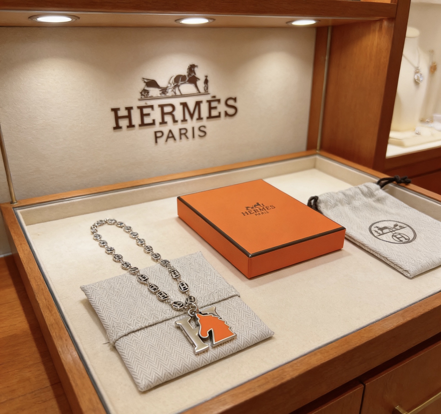 Hermes Cheval H Collar colgante Metal plateado con esmalte naranja 45cm