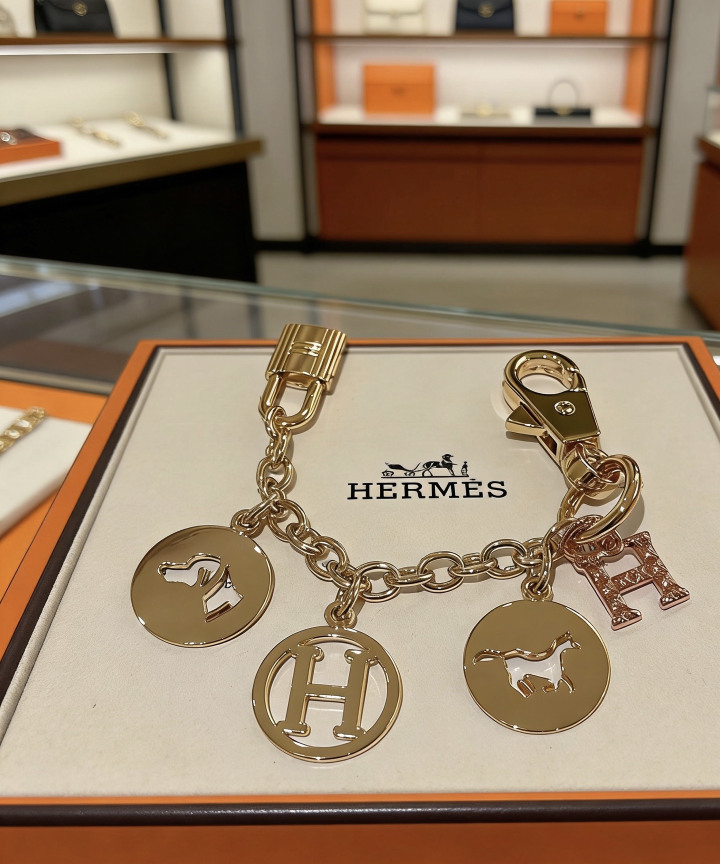 Ciondolo portachiavi con logo Hermes Equestrian H. Metallo color oro con pavé in oro rosa. Ciondolo H in smalto nero con accenti di cavallo e cane, lunghezza della catena di 12 cm.