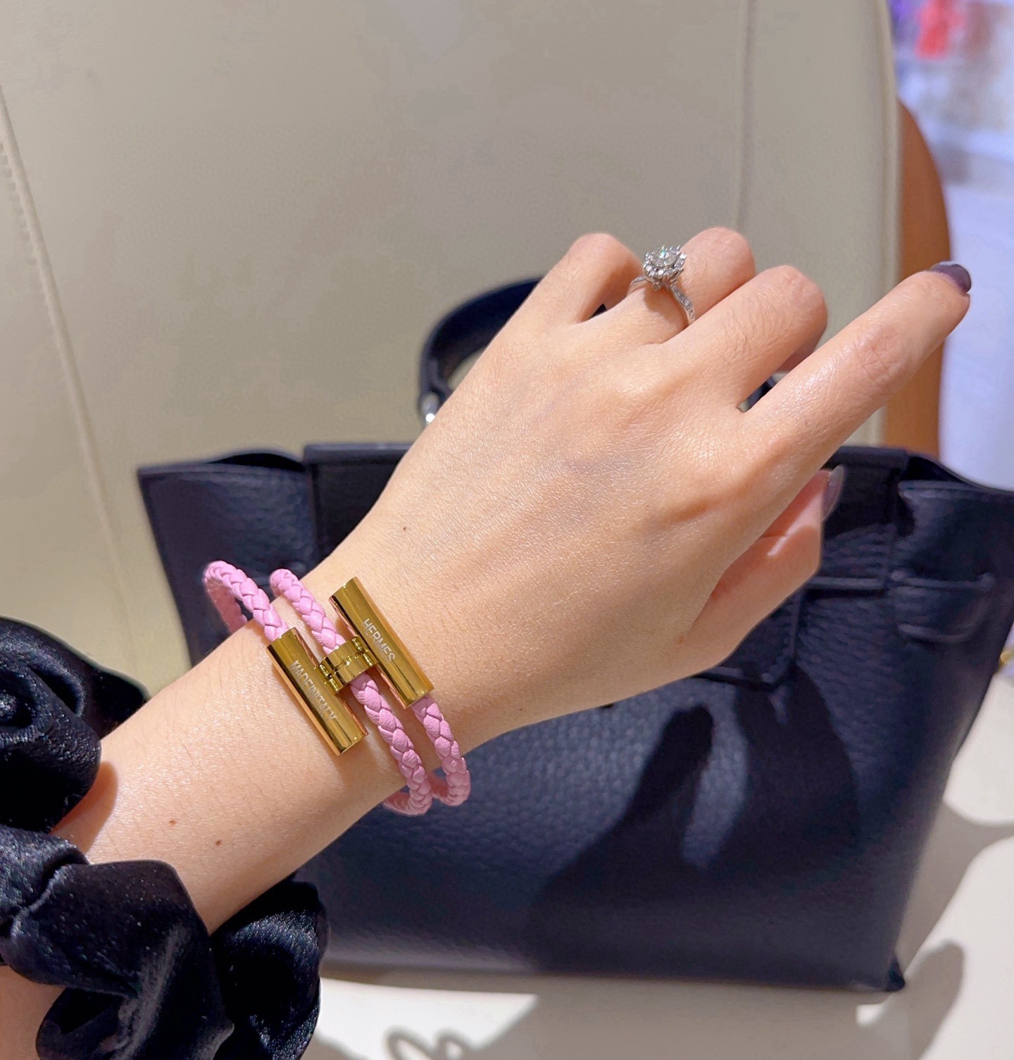 Bracciale Hermes Tournis Tresse Pelle intrecciata rosa con hardware placcato oro T2 17 cm
