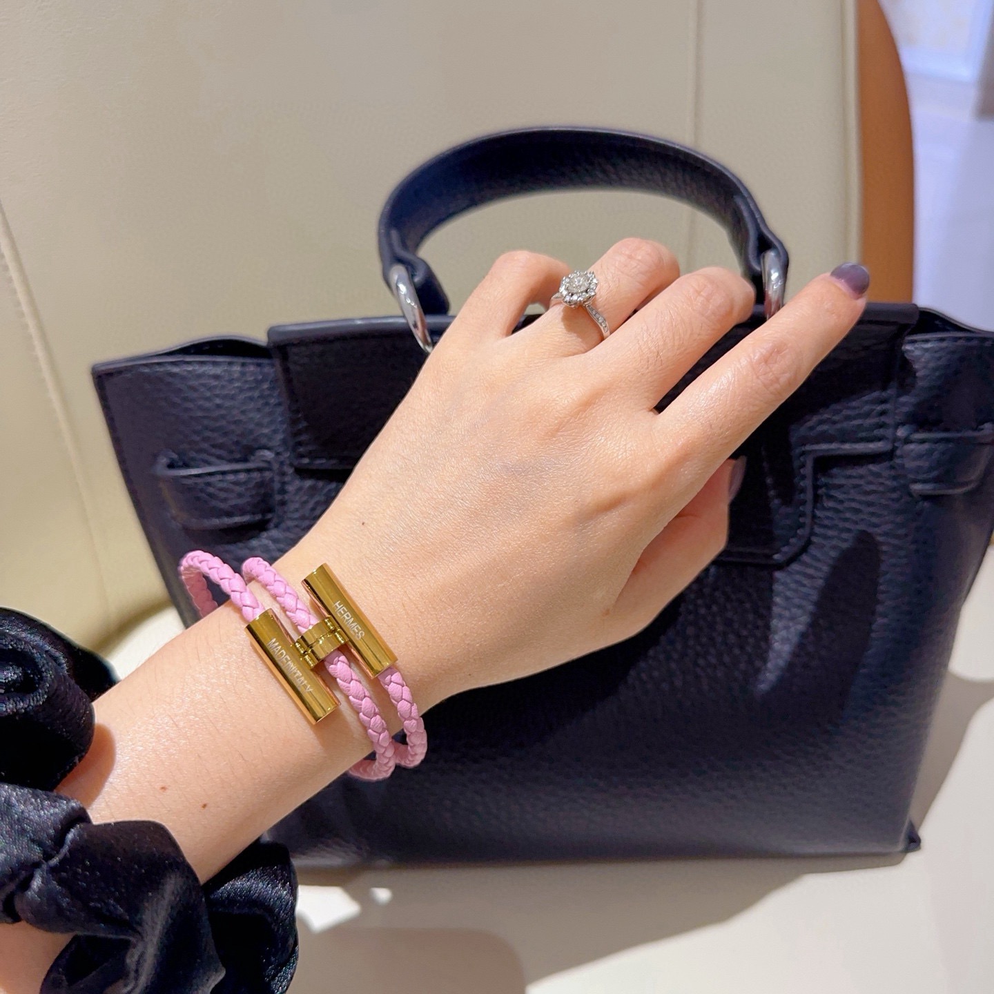 Bracciale Hermes Tournis Tresse Pelle intrecciata rosa con hardware placcato oro T2 17 cm