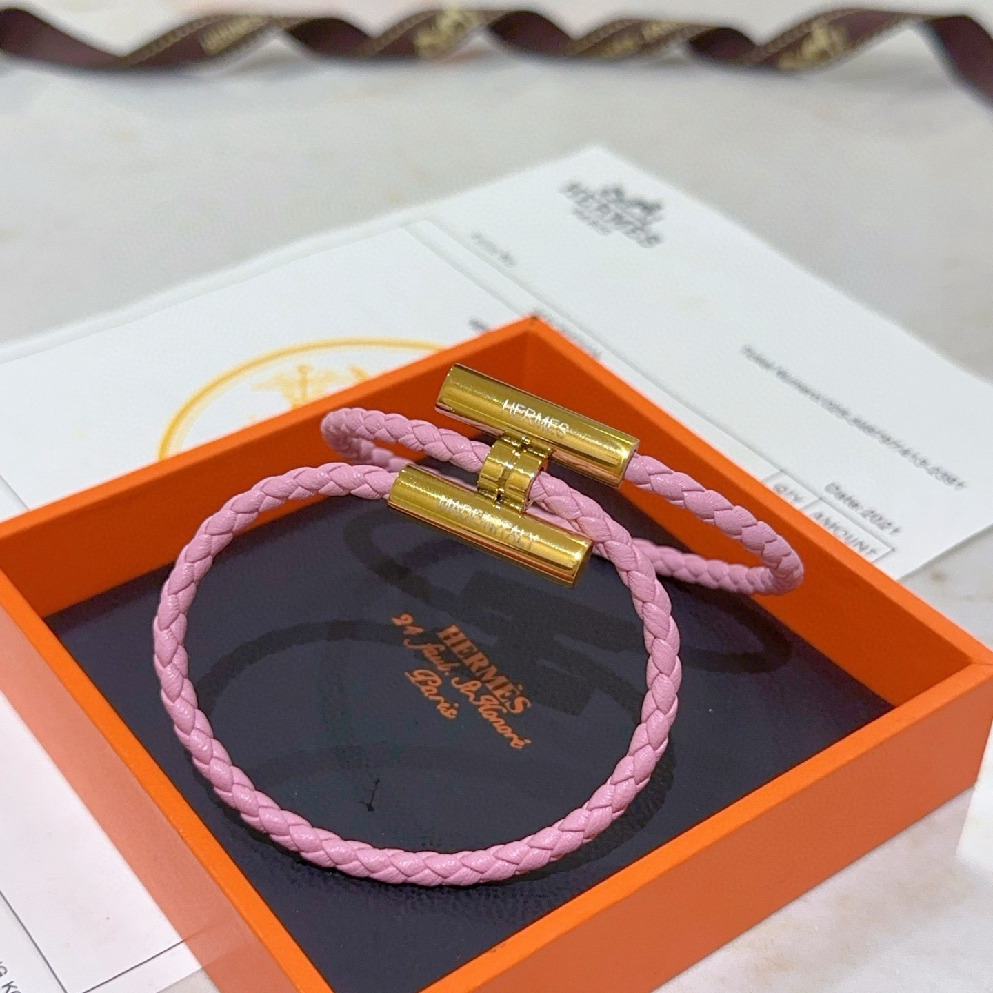 Bracciale Hermes Tournis Tresse Pelle intrecciata rosa con hardware placcato oro T2 17 cm