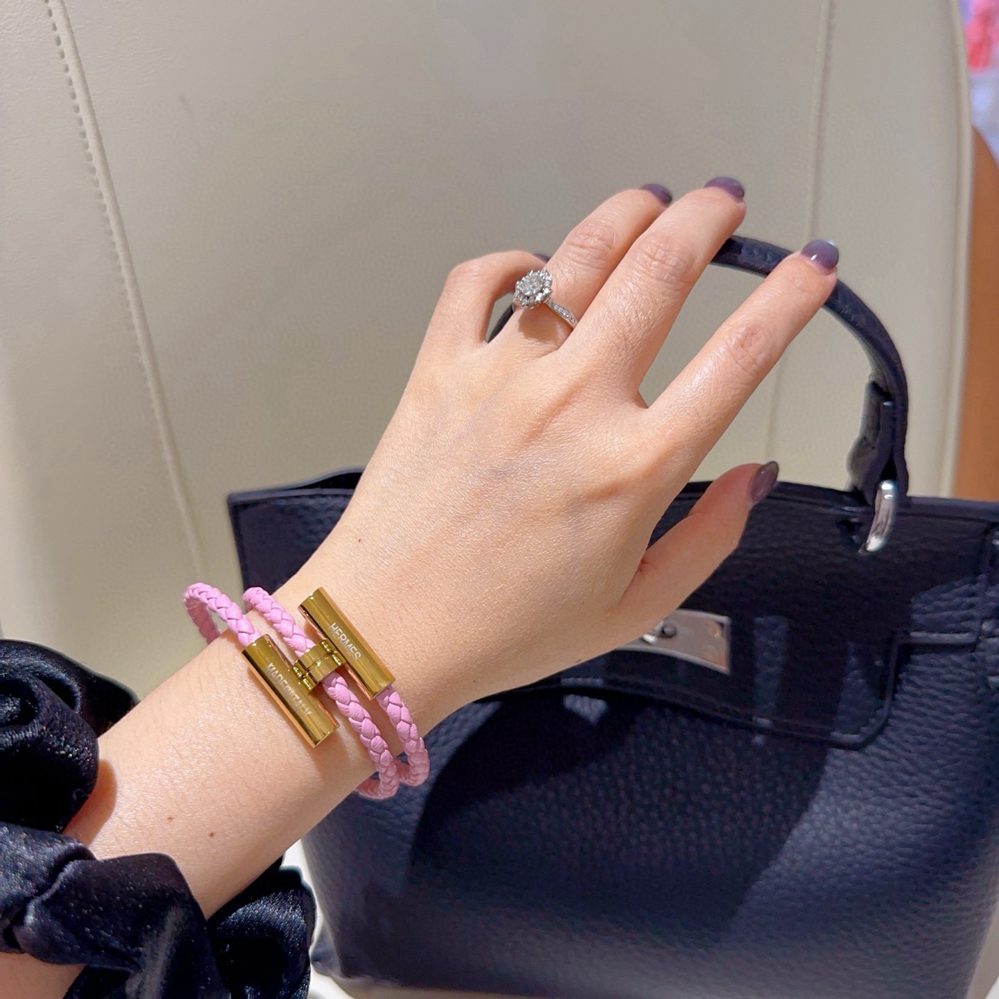 Bracciale Hermes Tournis Tresse Pelle intrecciata rosa con hardware placcato oro T2 17 cm