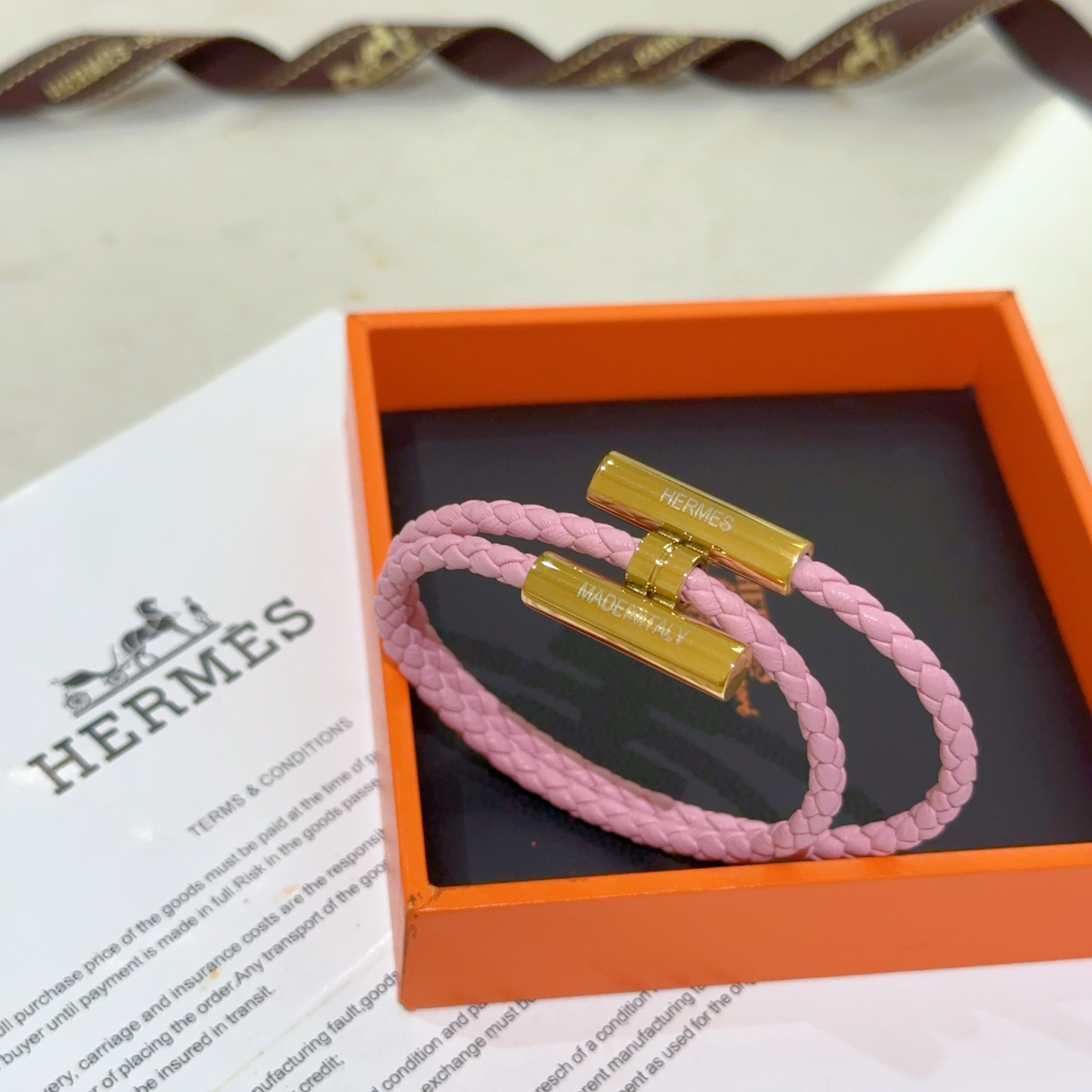 Bracciale Hermes Tournis Tresse Pelle intrecciata rosa con hardware placcato oro T2 17 cm
