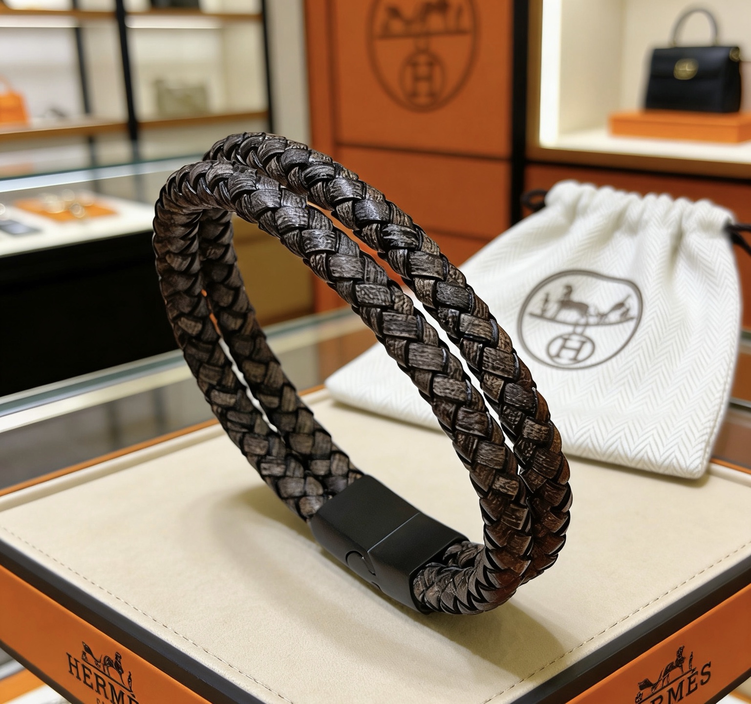 Bracciale Hermes Tournis Tresse chiusura in metallo nero opaco pelle intrecciata grigio scuro 19 cm