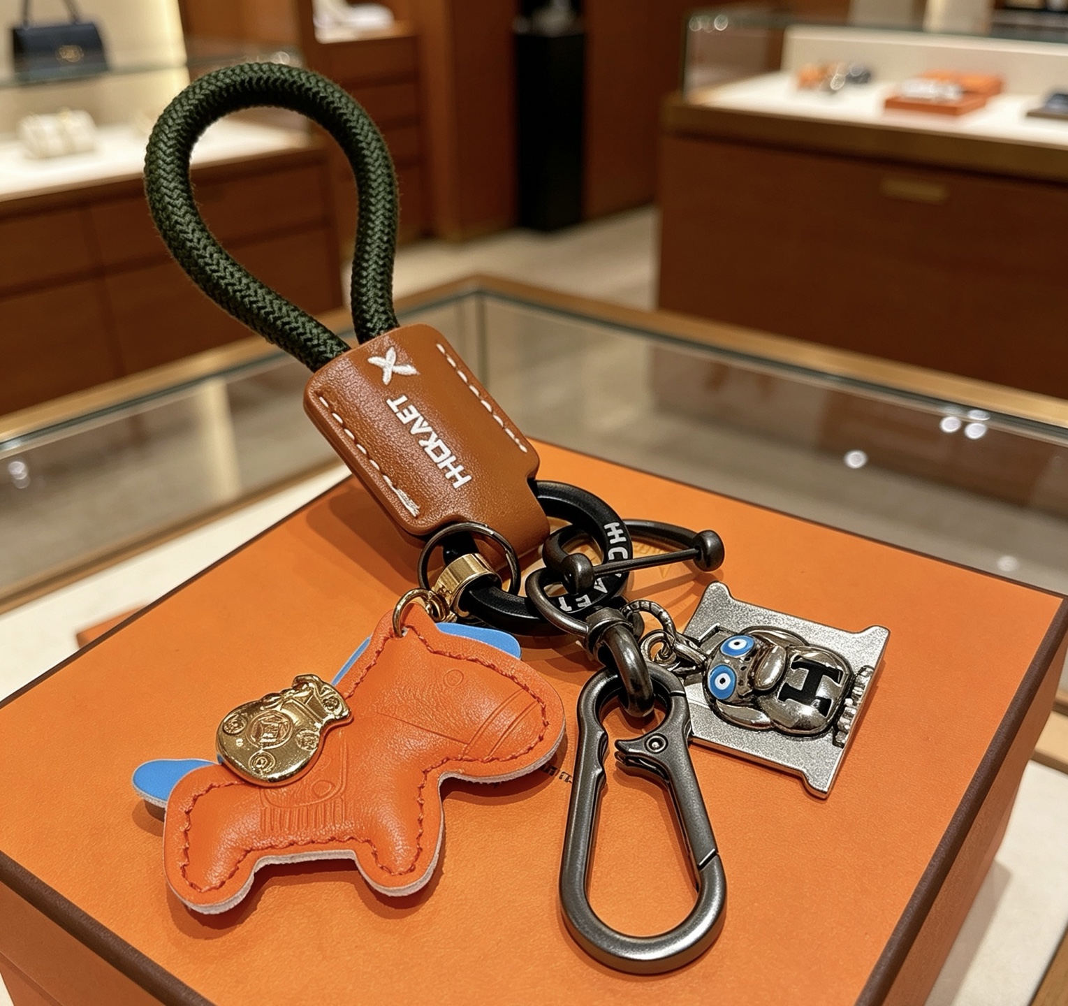 Ciondolo portachiavi Hermes Rodeo Horse Charm Pelle arancione con accenti blu pelle marrone cordone intrecciato verde scuro hardware canna di fucile ciondolo in metallo color oro ciondolo H color argento con dettagli in smalto blu lunghezza totale 12 cm