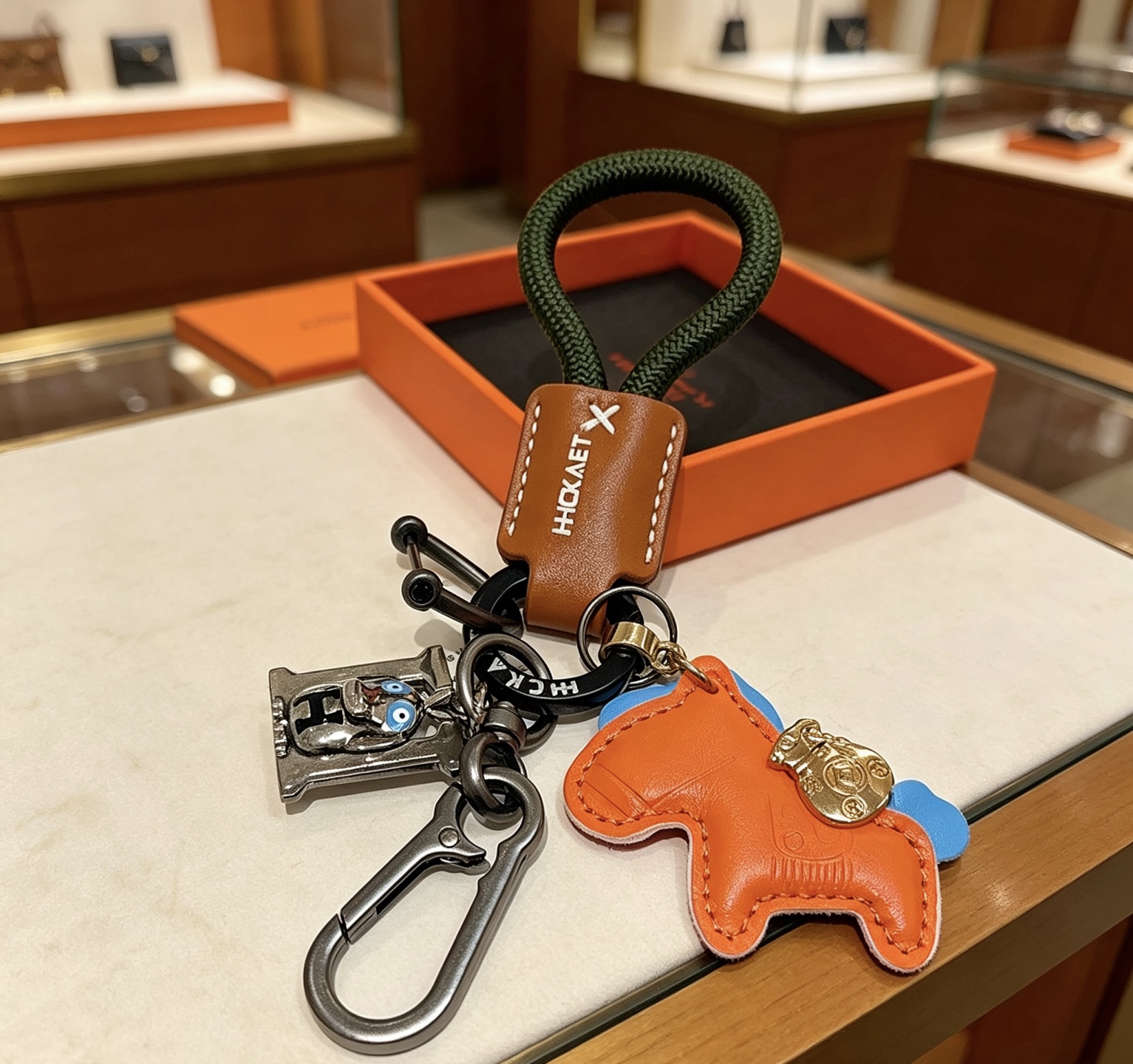 Ciondolo portachiavi Hermes Rodeo Horse Charm Pelle arancione con accenti blu pelle marrone cordone intrecciato verde scuro hardware canna di fucile ciondolo in metallo color oro ciondolo H color argento con dettagli in smalto blu lunghezza totale 12 cm