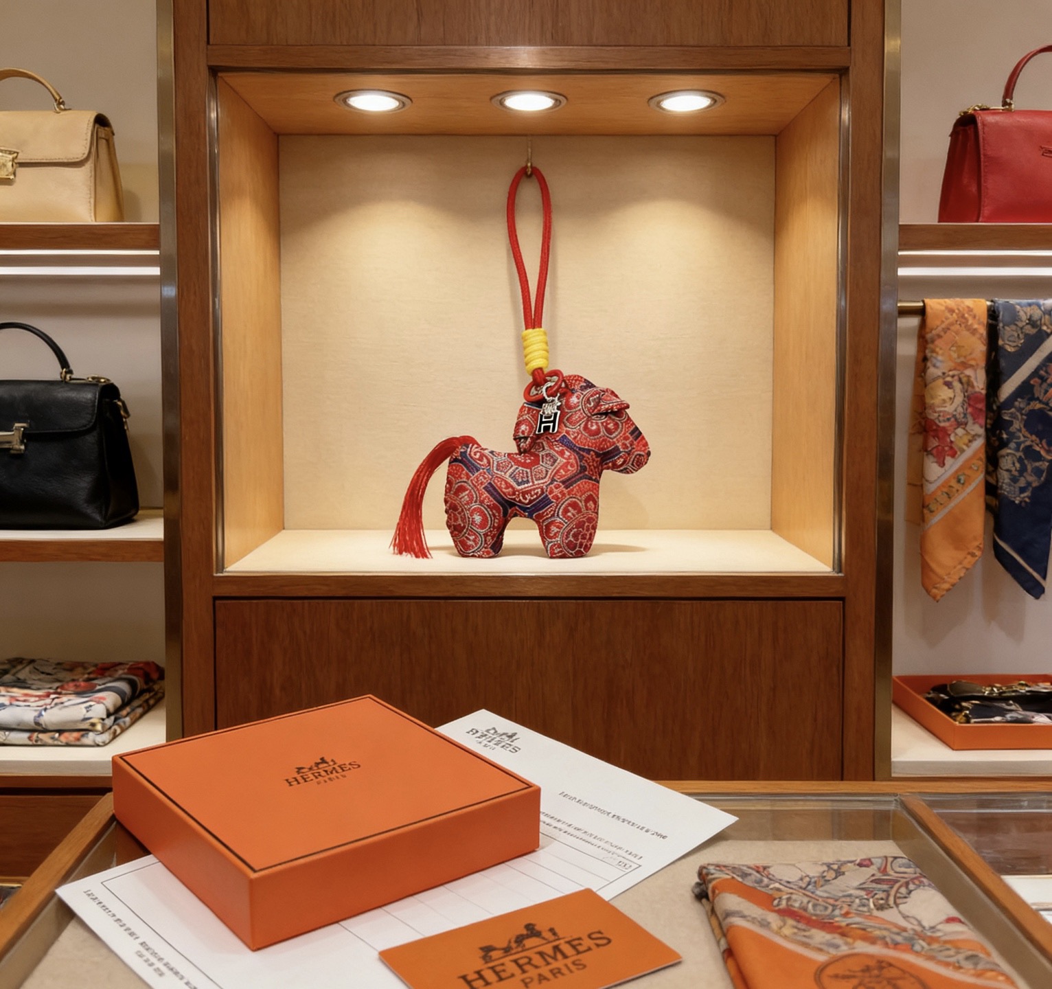 Colgante Hermes Rodeo Horse Charm Tela de seda estampada roja con herrajes metálicos en tono plateado cordón rojo envoltura de cordón amarillo borla roja 10 cm de longitud total