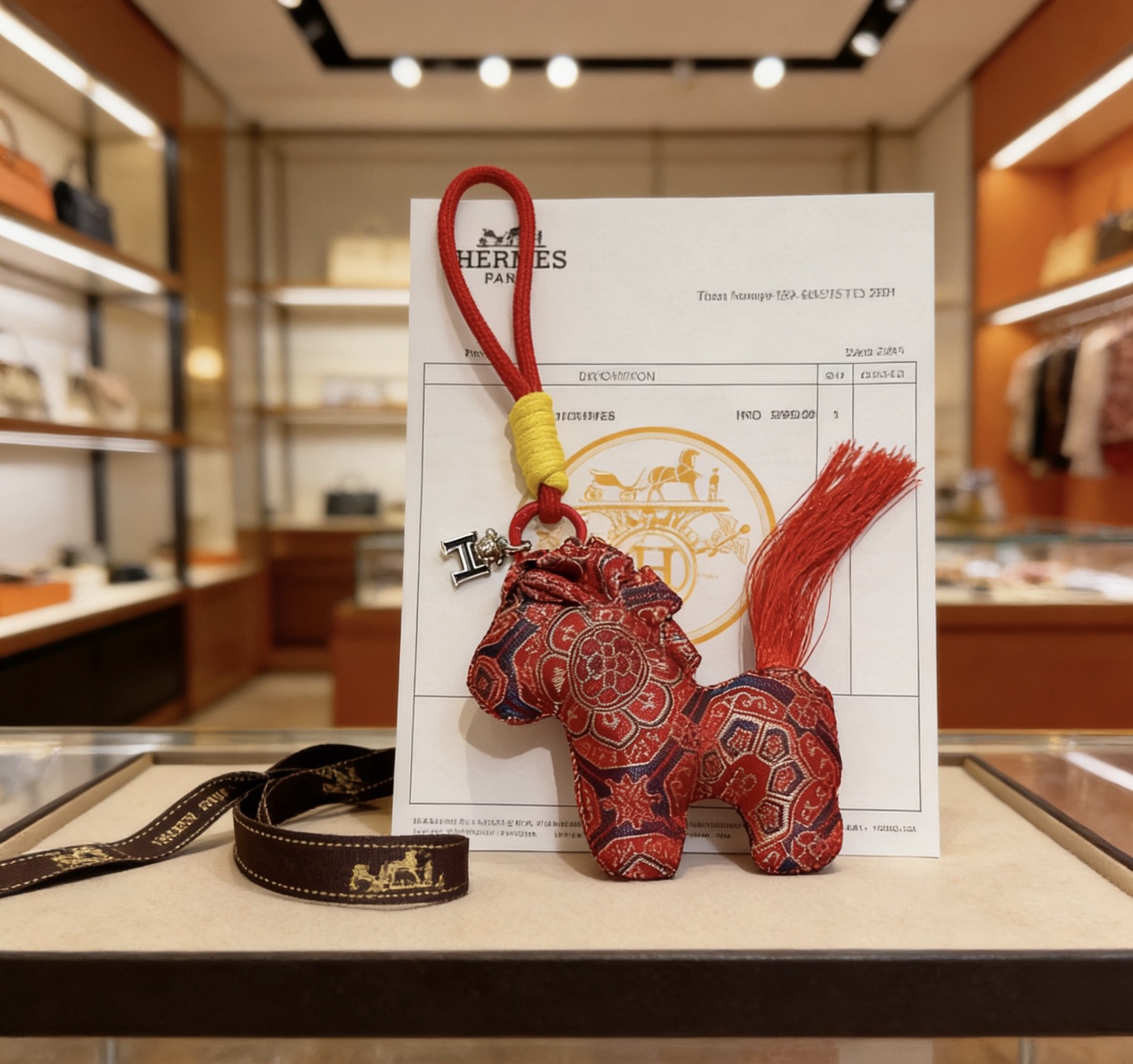 Colgante Hermes Rodeo Horse Charm Tela de seda estampada roja con herrajes metálicos en tono plateado cordón rojo envoltura de cordón amarillo borla roja 10 cm de longitud total