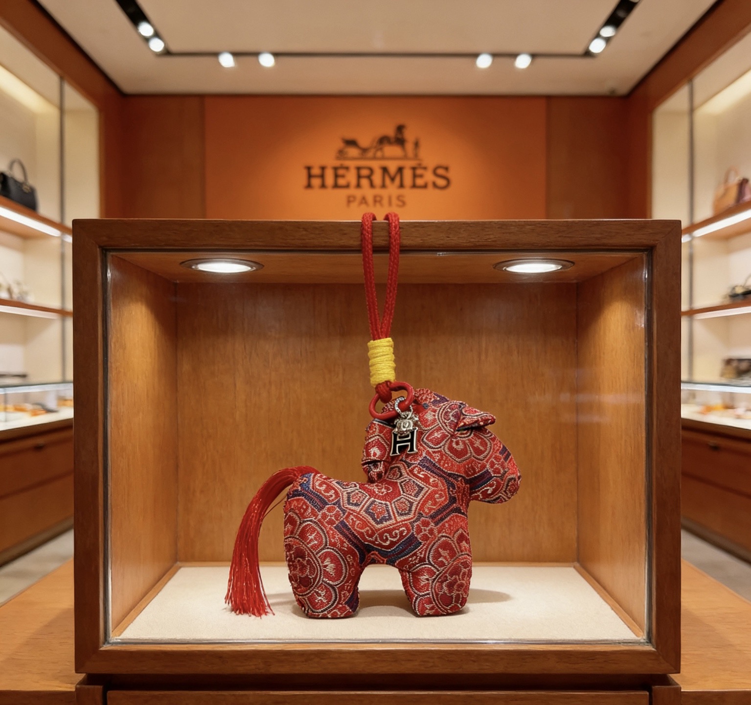 Colgante Hermes Rodeo Horse Charm Tela de seda estampada roja con herrajes metálicos en tono plateado cordón rojo envoltura de cordón amarillo borla roja 10 cm de longitud total