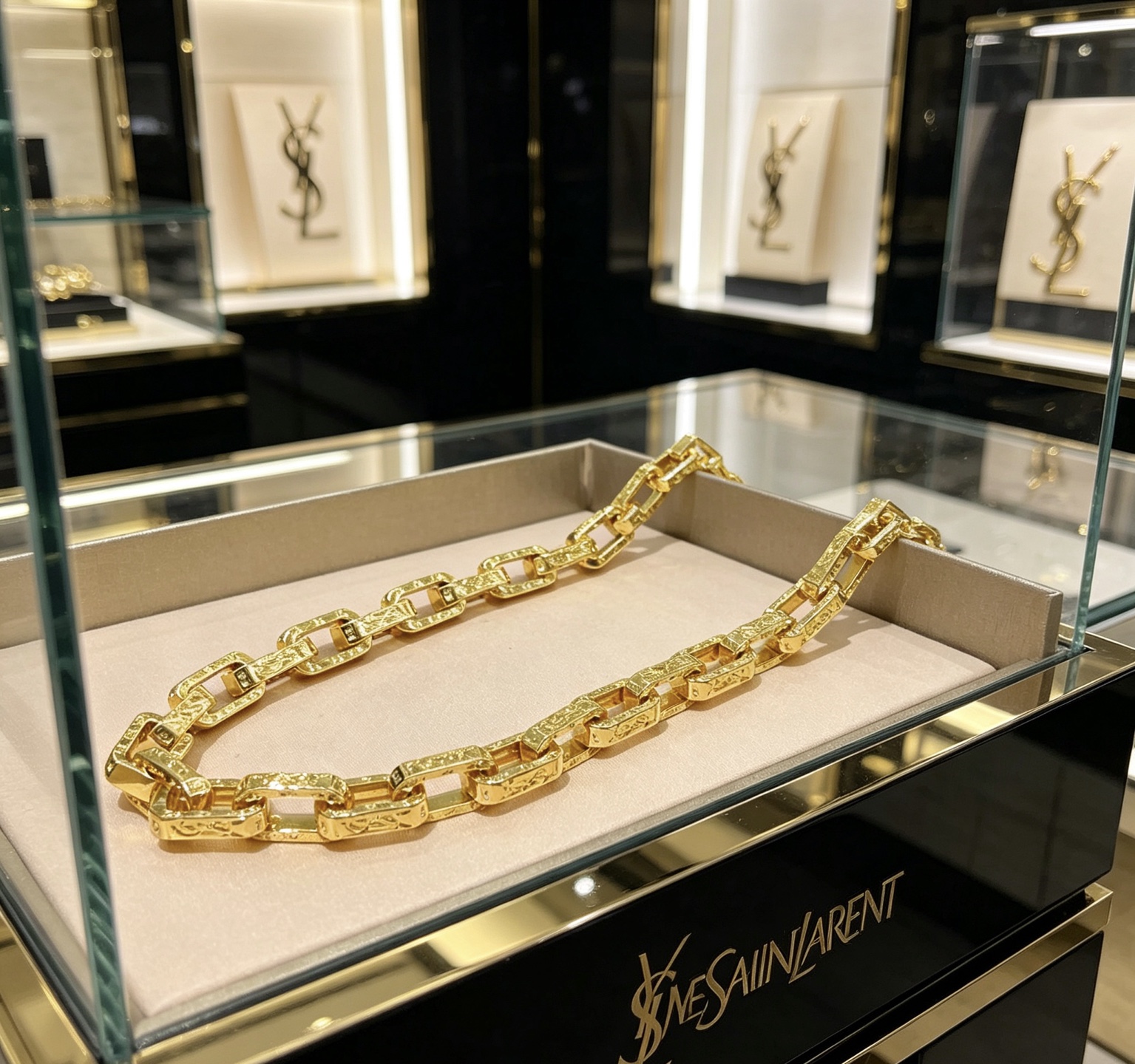 Saint Laurent Textured Chain Link necklace gold-tone metal with black enamel accents 60cm