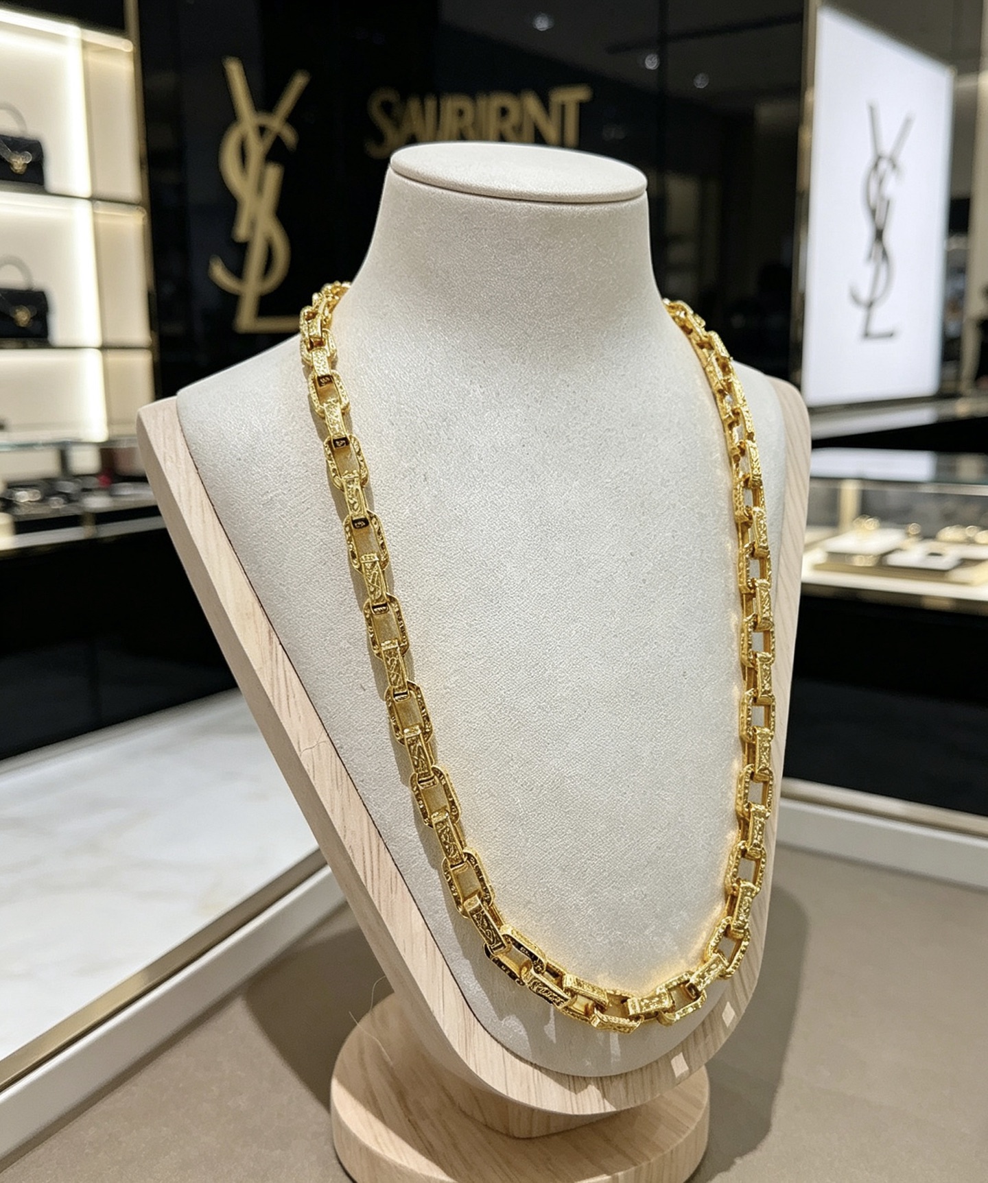 Saint Laurent Textured Chain Link necklace gold-tone metal with black enamel accents 60cm