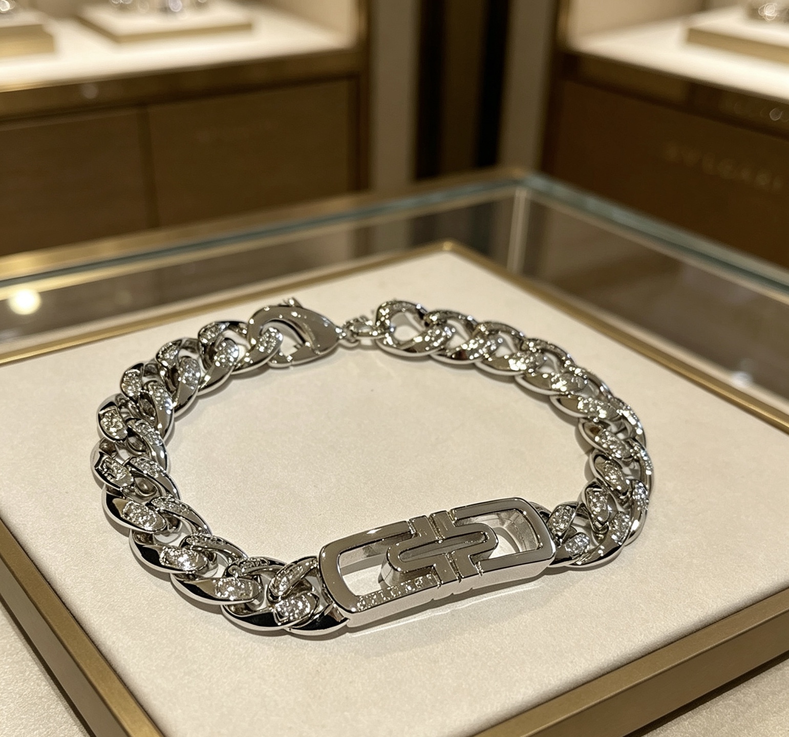 Bvlgari Parentesi bracelet silver-toned metal with clear diamond accents 20cm
