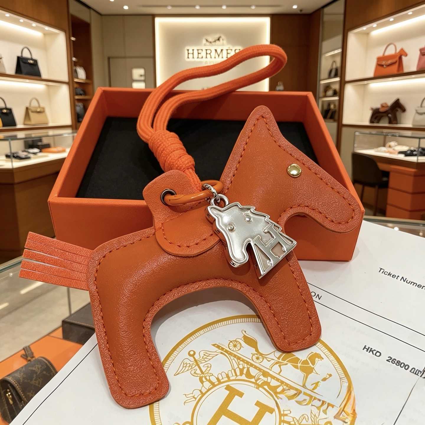 Ciondolo Hermes Rodeo Horse Bag Charm in pelle arancione con hardware in metallo color argento 10 cm