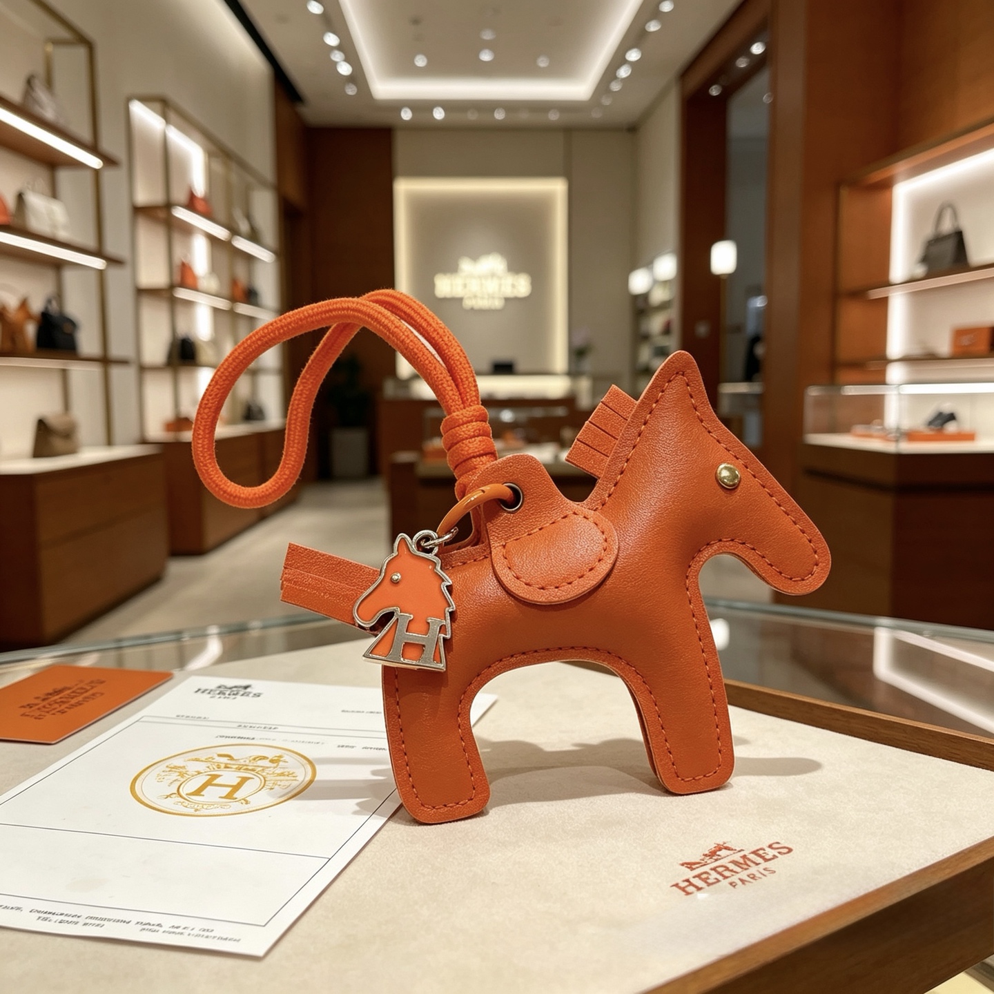Ciondolo Hermes Rodeo Horse Bag Charm in pelle arancione con hardware in metallo color argento 10 cm