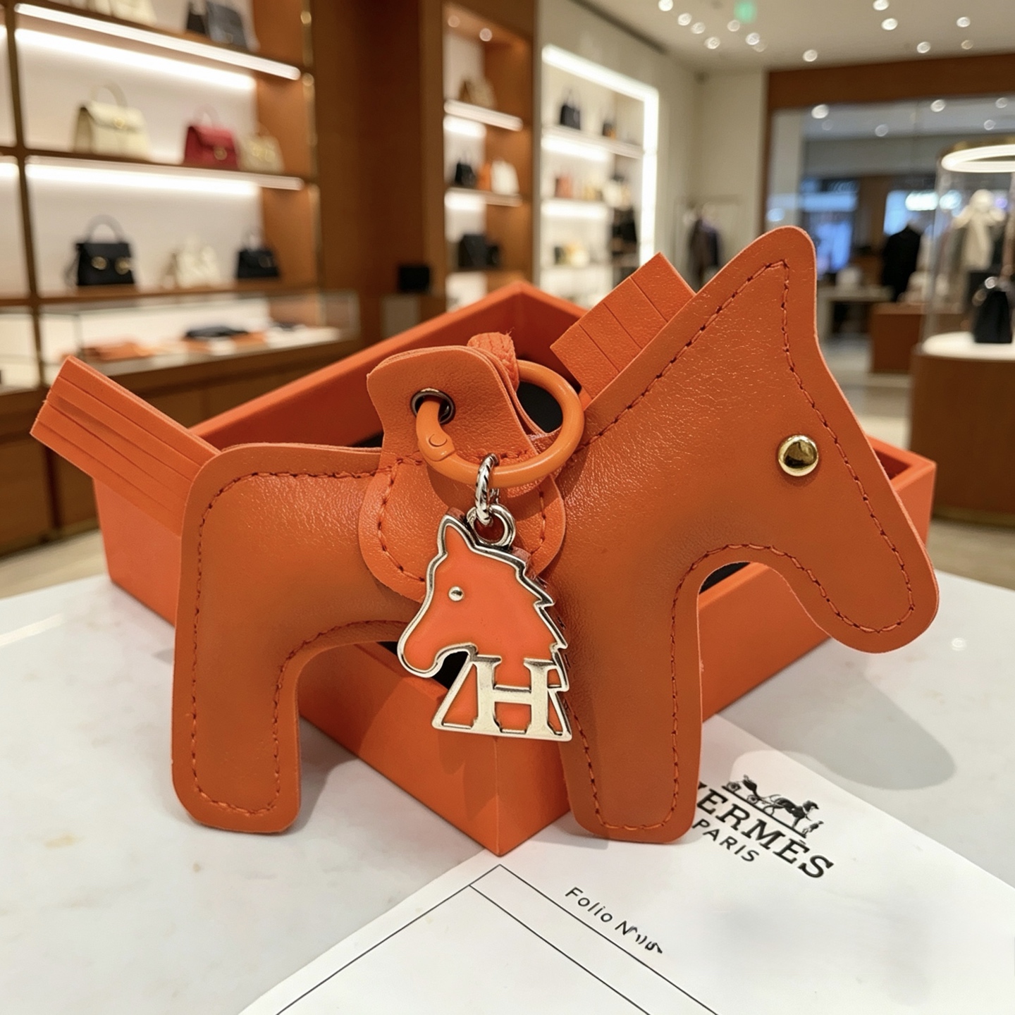 Ciondolo Hermes Rodeo Horse Bag Charm in pelle arancione con hardware in metallo color argento 10 cm