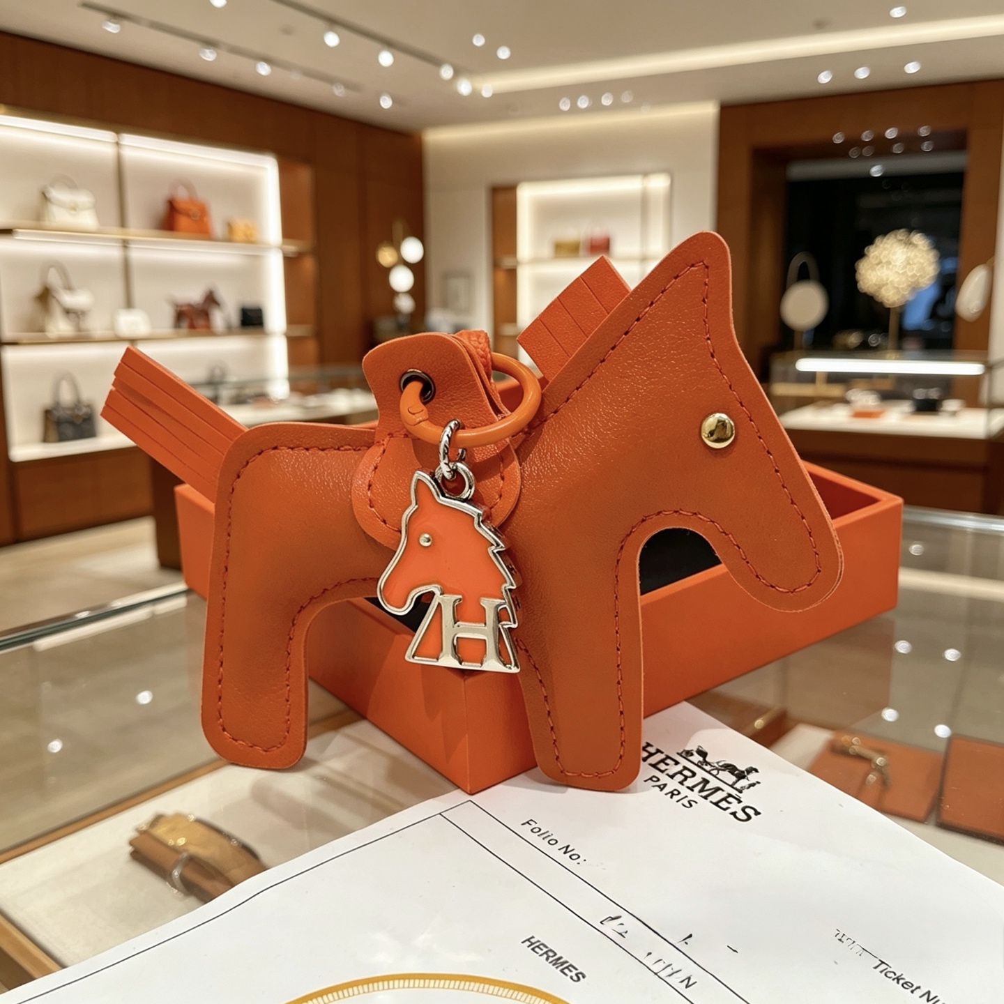 Ciondolo Hermes Rodeo Horse Bag Charm in pelle arancione con hardware in metallo color argento 10 cm
