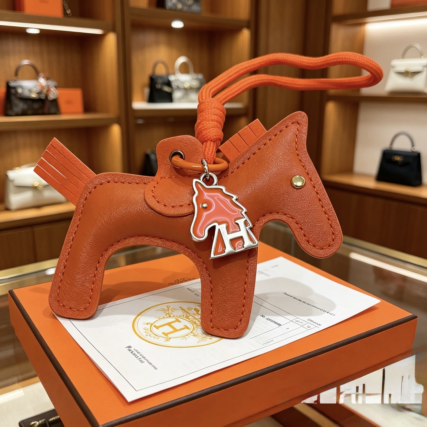 Ciondolo Hermes Rodeo Horse Bag Charm in pelle arancione con hardware in metallo color argento 10 cm