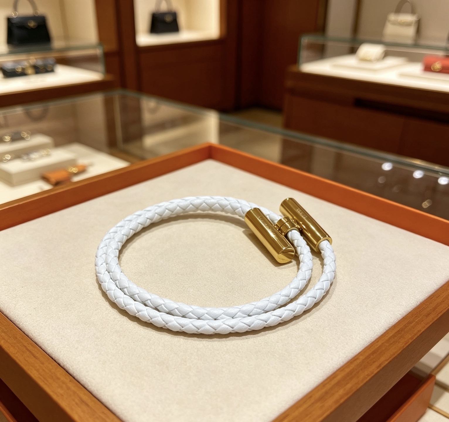 Pulsera Hermes Tournis Tresse Cuero trenzado blanco con herrajes de metal chapado en oro T3 17cm