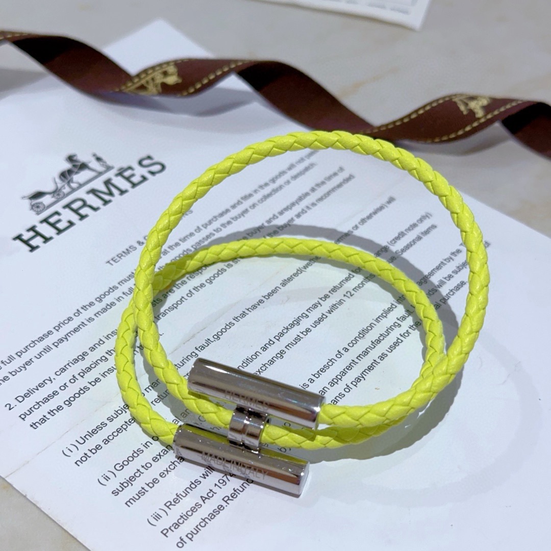 Pulsera Hermes Tournis Tresse Cuero trenzado amarillo lima Herrajes plateados chapados en paladio T4 19cm