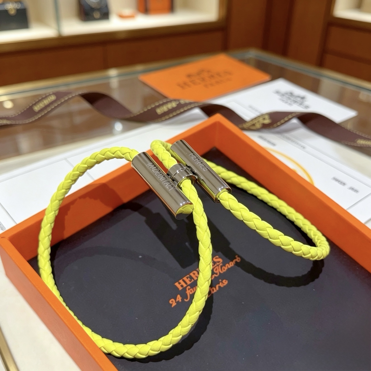 Pulsera Hermes Tournis Tresse Cuero trenzado amarillo lima Herrajes plateados chapados en paladio T4 19cm