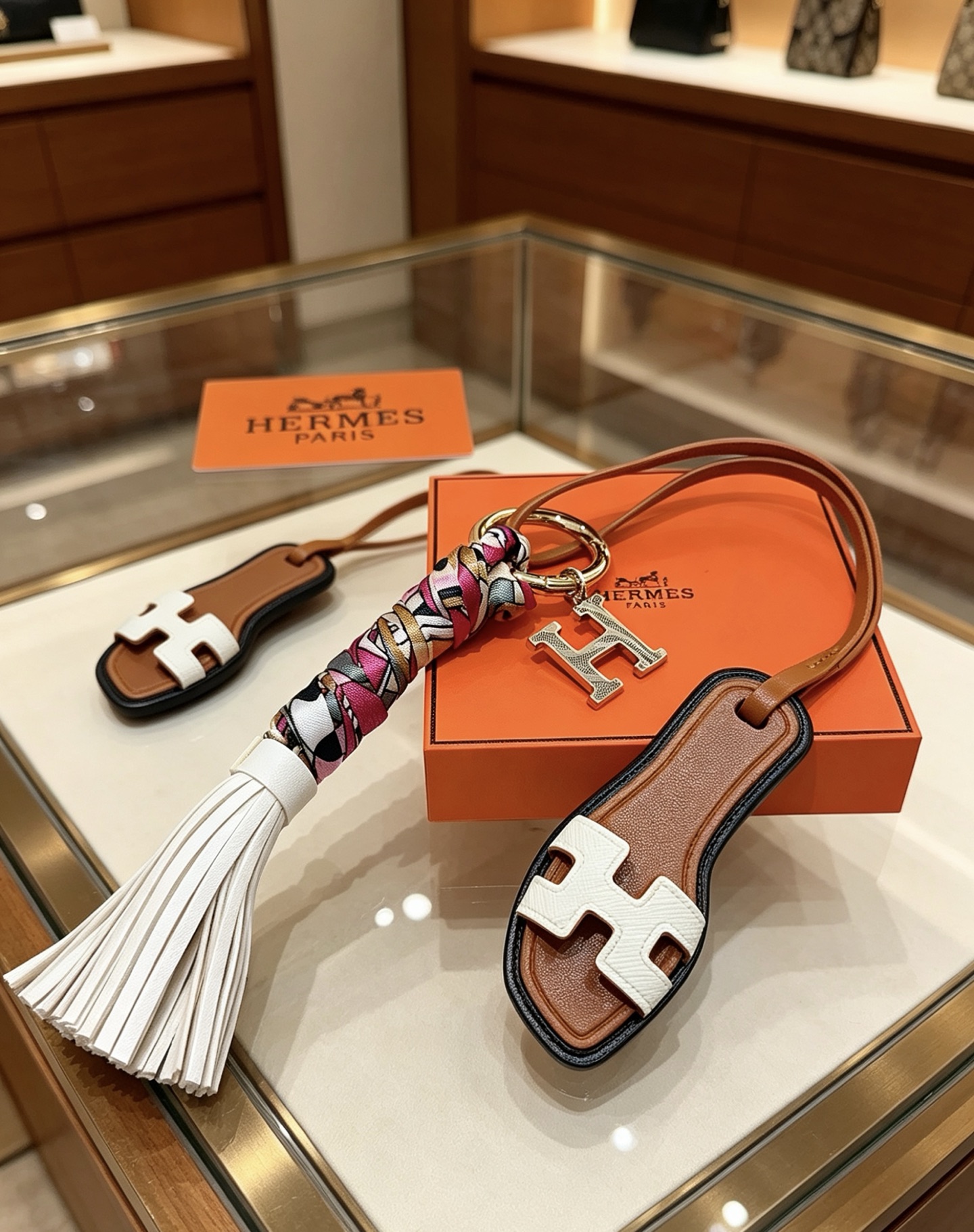Hermes Oran Sandália Tassel H Charm Chaveiro pingente Metal dourado tom prateado H charme couro marrom couro branco multicolor rosa branco preto ouro seda borla de couro branco acabamento preto 18 cm de comprimento da pulseira