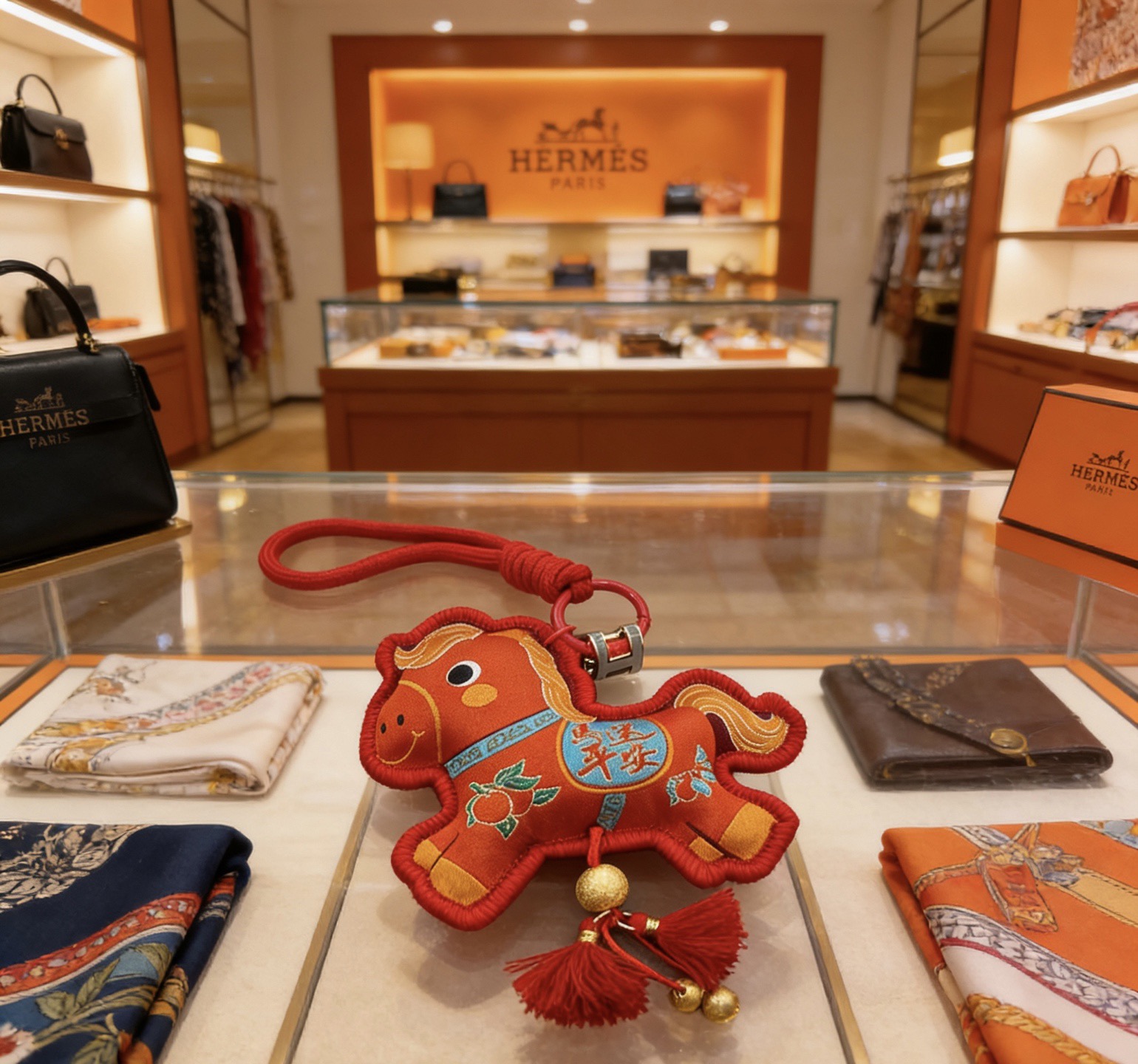 Ciondolo Hermes Rodeo Capodanno cinese a forma di cavallo Tessuto rosso con ricami dorati Dettagli accenti blu Hardware in metallo dorato Nappe rosse Ciondolo da 10 cm con cordino da 8 cm