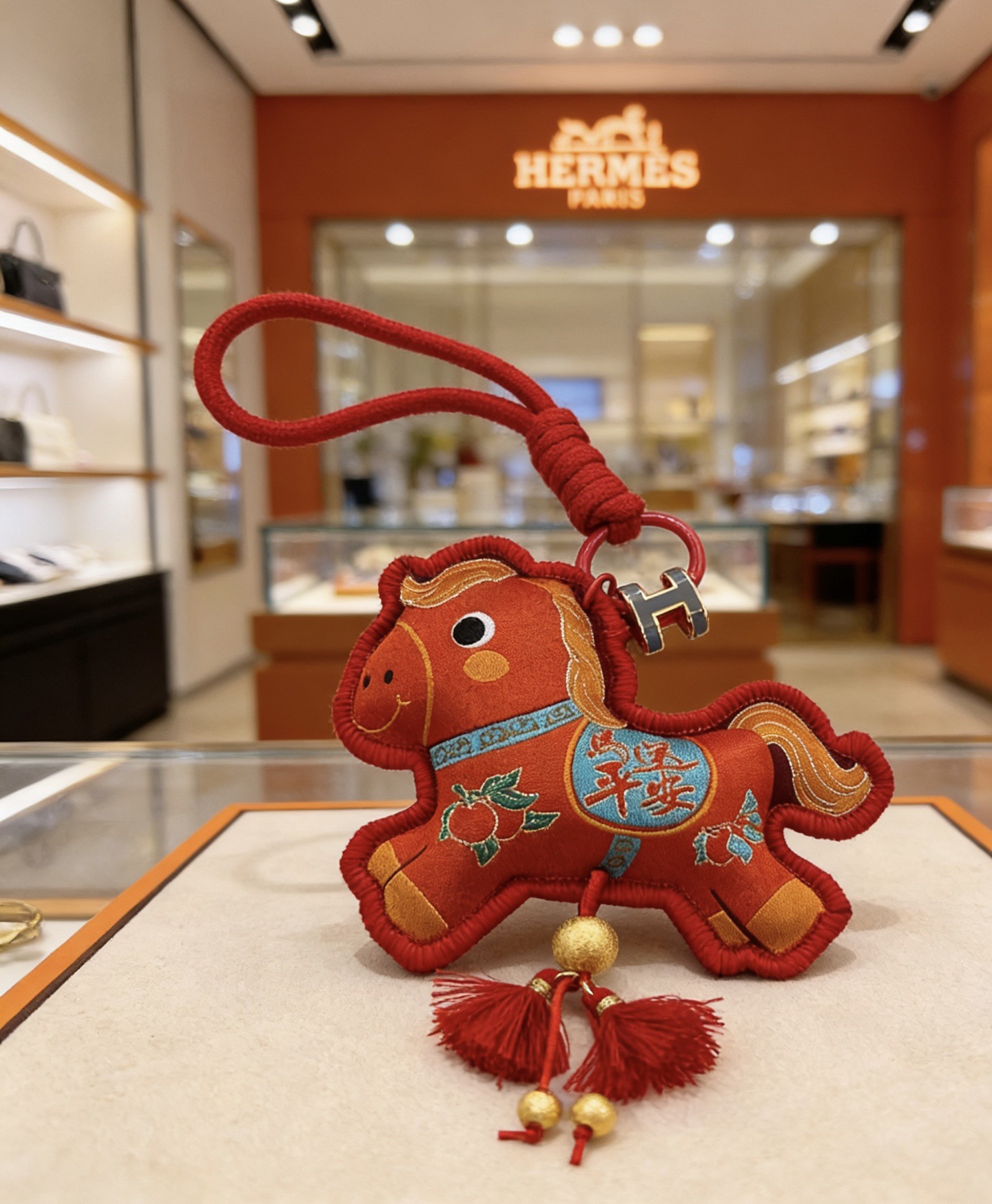 Ciondolo Hermes Rodeo Capodanno cinese a forma di cavallo Tessuto rosso con ricami dorati Dettagli accenti blu Hardware in metallo dorato Nappe rosse Ciondolo da 10 cm con cordino da 8 cm