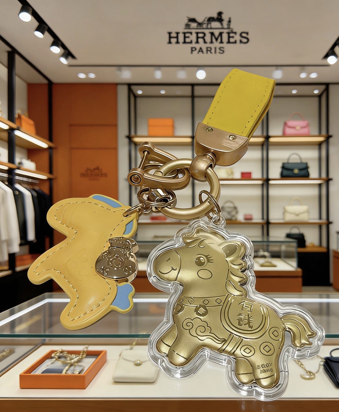 Hermes rodeo cavalo charme chaveiro pingente de couro amarelo ouro-tom metal azul claro acentos de couro 12cm comprimento total
