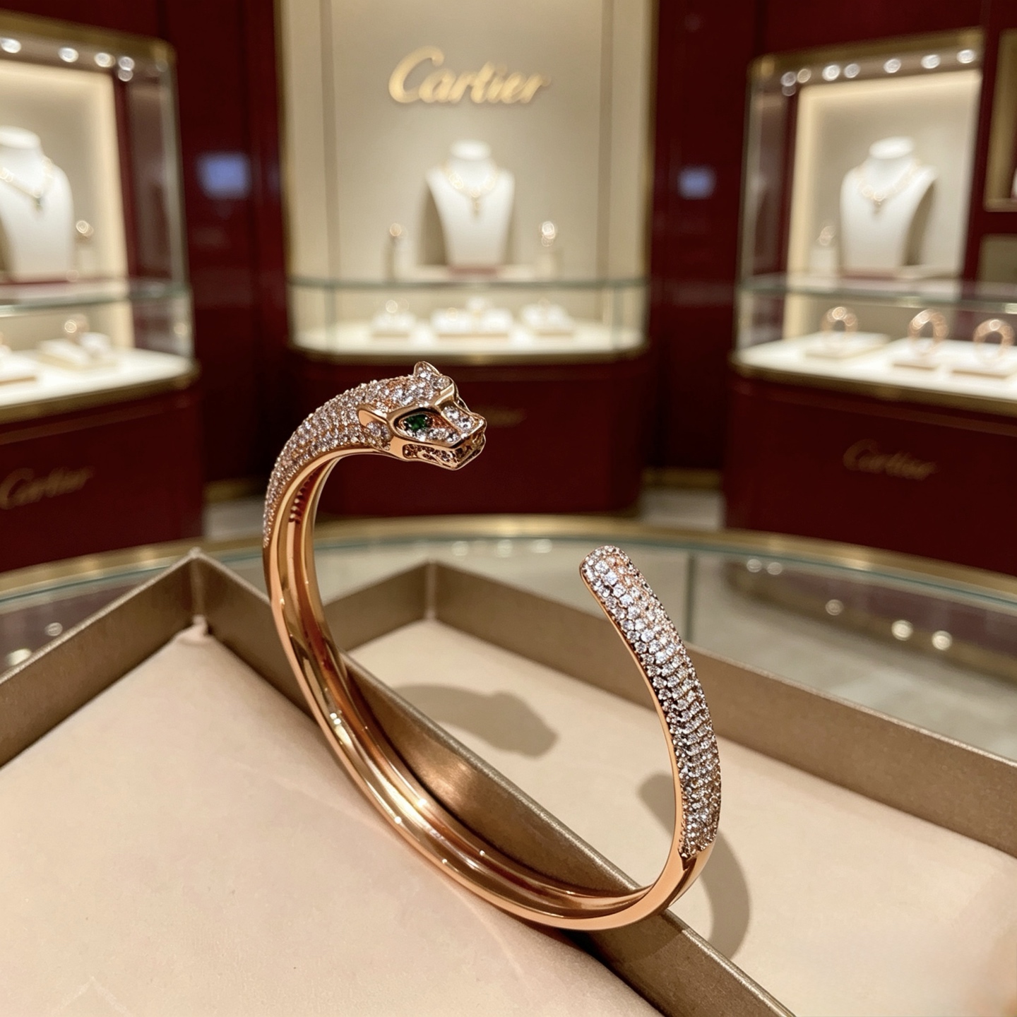 Cartier Panthere de Cartier bracelet 18K rose gold pave set white diamonds green tsavorite garnet eyes 17