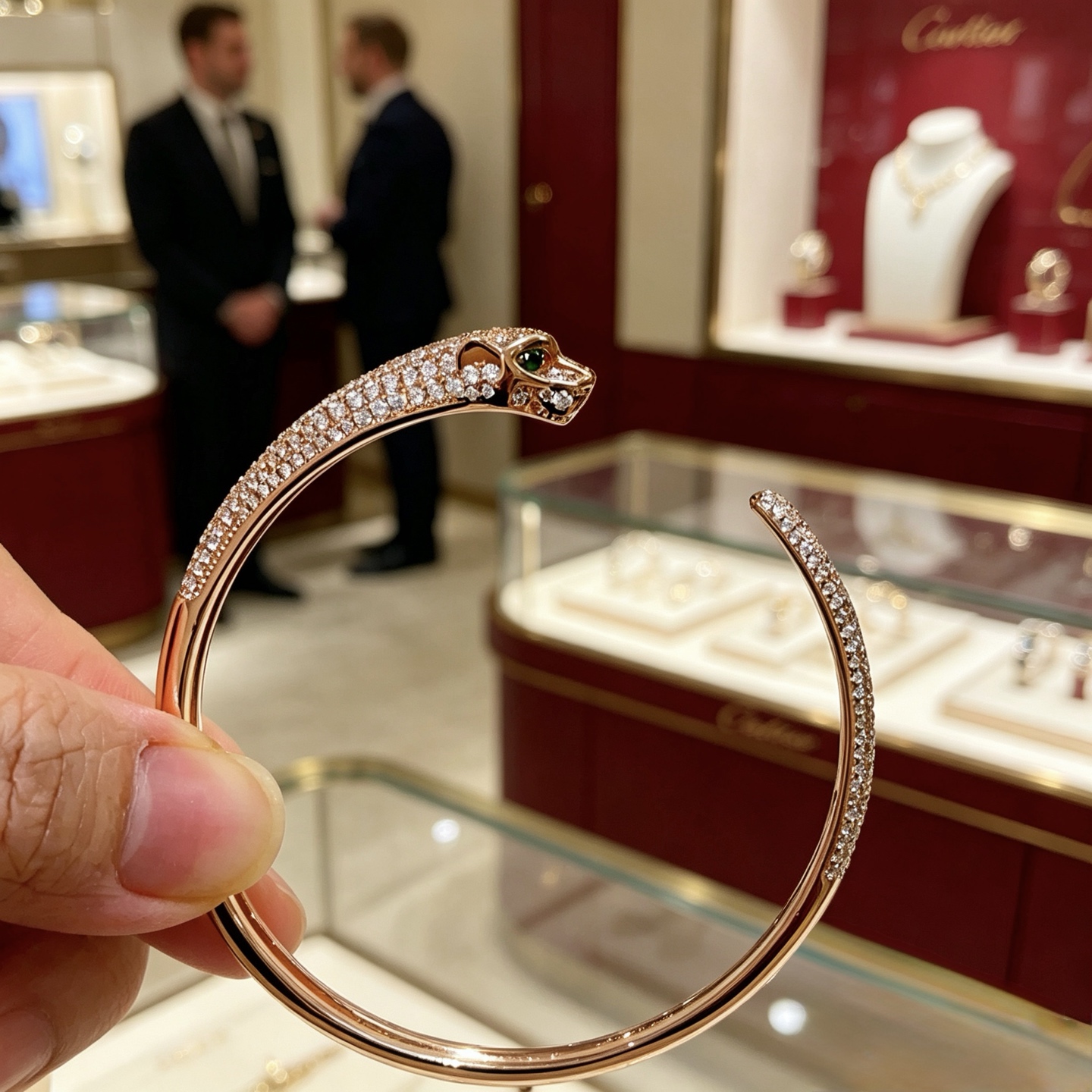 Cartier Panthere de Cartier bracelet 18K rose gold pave set white diamonds green tsavorite garnet eyes 17