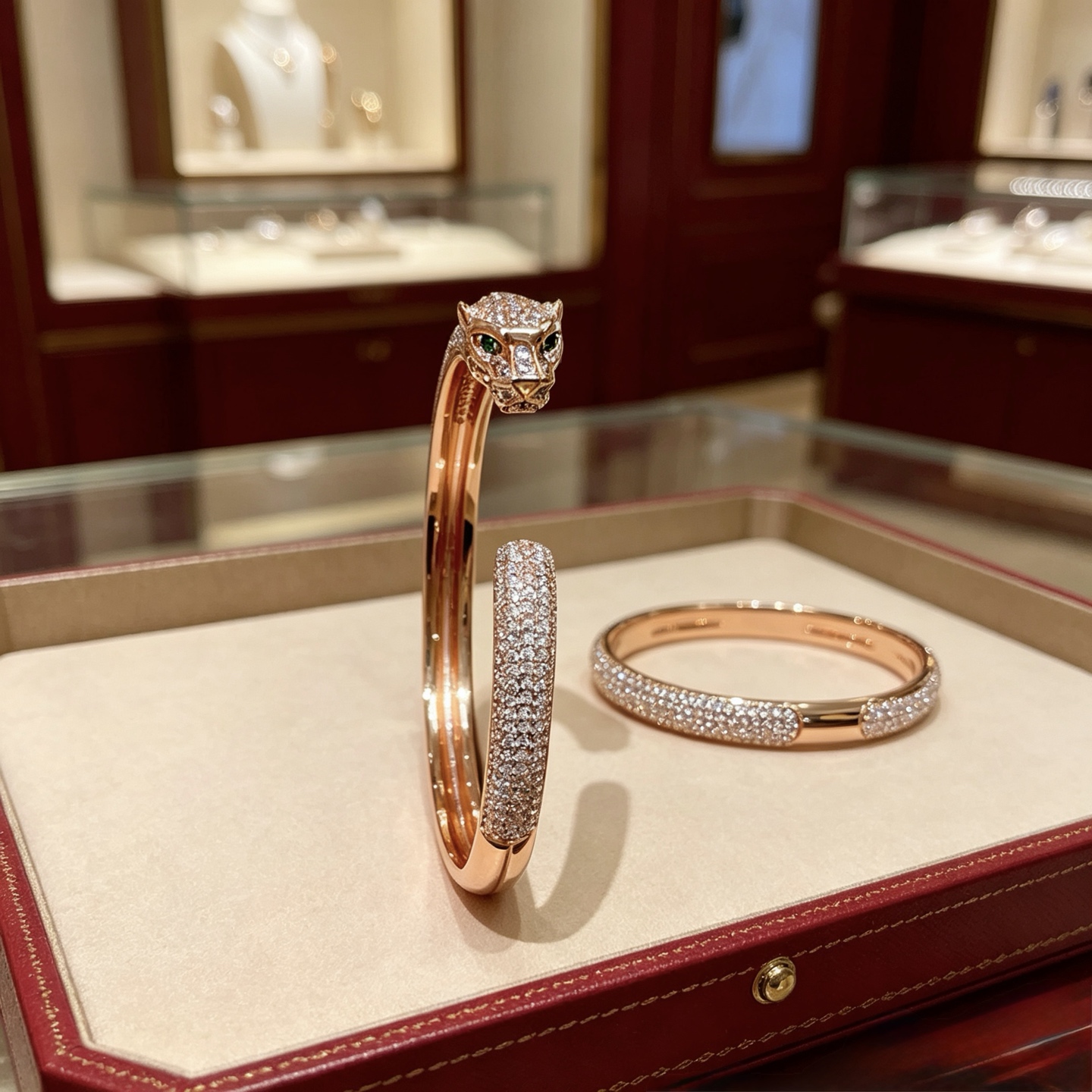 Cartier Panthere de Cartier bracelet 18K rose gold pave set white diamonds green tsavorite garnet eyes 17