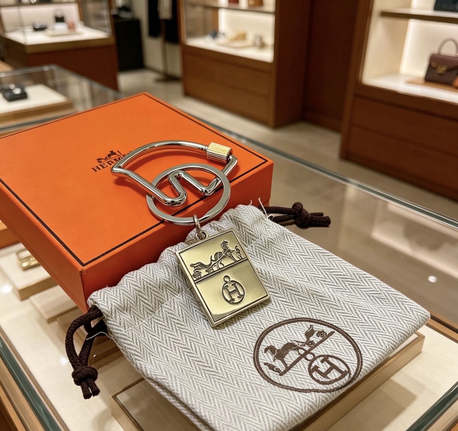 Hermes Caleche H Logo Key Charm pendentif métal argenté palladié longueur totale 9cm