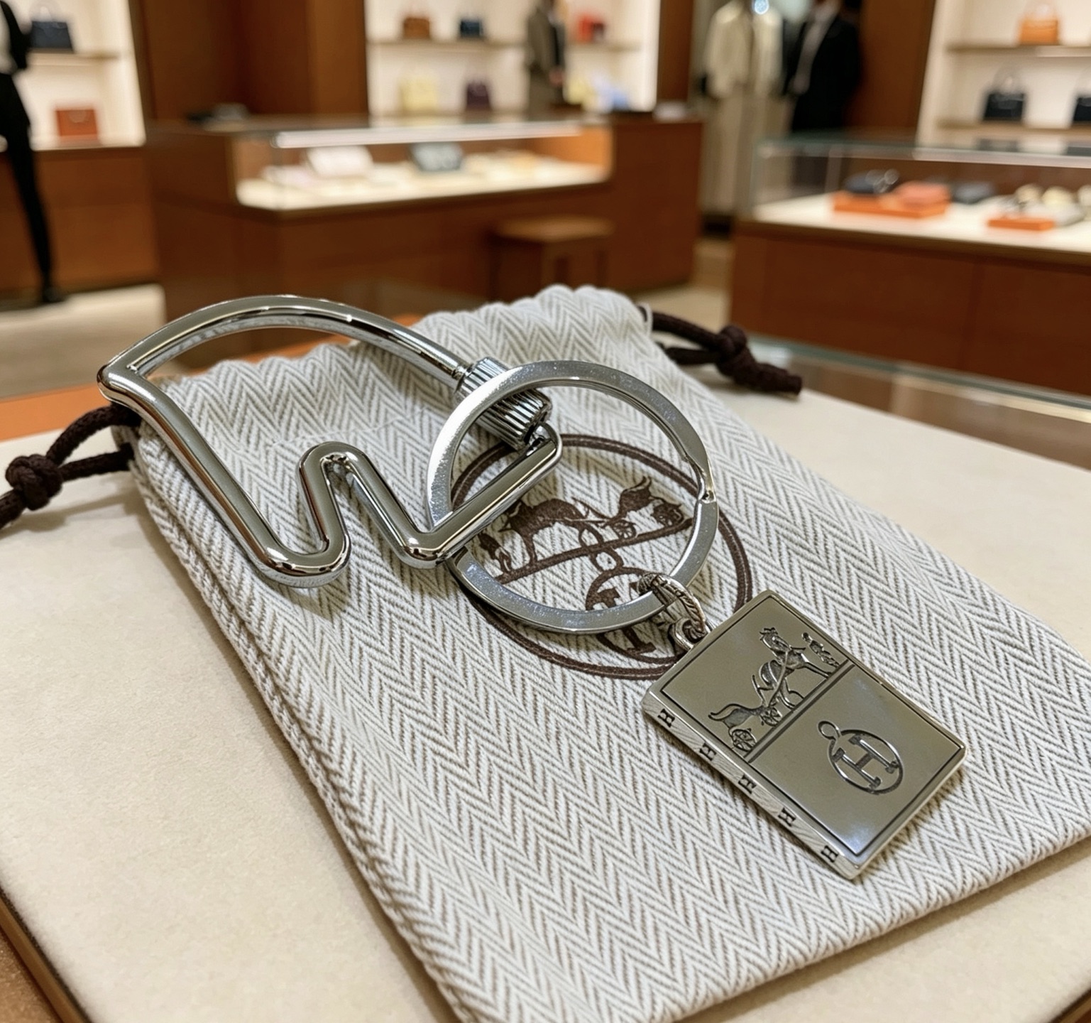 Hermes Caleche H Logo Key Charm pendentif métal argenté palladié longueur totale 9cm