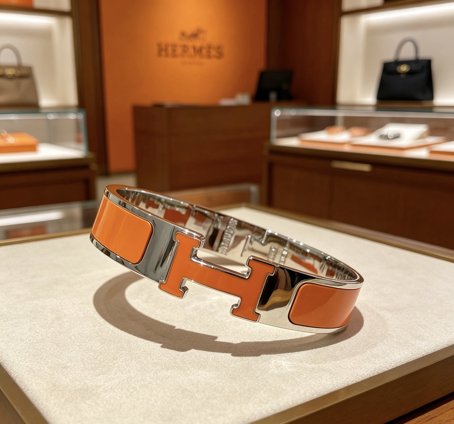 Bracciale Hermes Clic H in metallo argentato placcato palladio smalto arancione PM