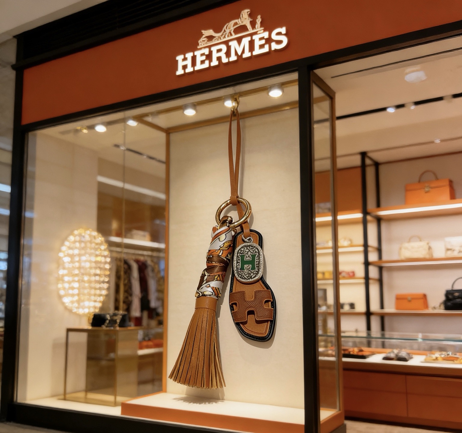 Hermes Oran Sandalo Borsa con nappa Ciondolo con ciondolo Metallo color oro pelle marrone seta stampata multicolore pelle marrone smalto verde metallo color argento finiture in pelle nera lunghezza totale 12 cm
