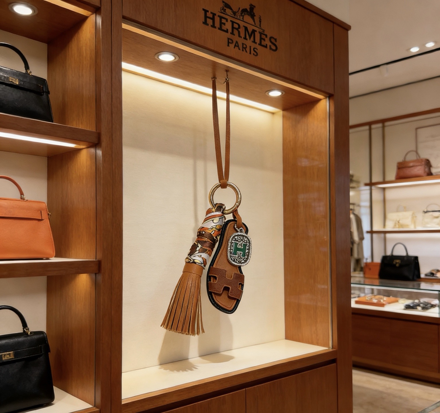 Hermes Oran Sandalo Borsa con nappa Ciondolo con ciondolo Metallo color oro pelle marrone seta stampata multicolore pelle marrone smalto verde metallo color argento finiture in pelle nera lunghezza totale 12 cm