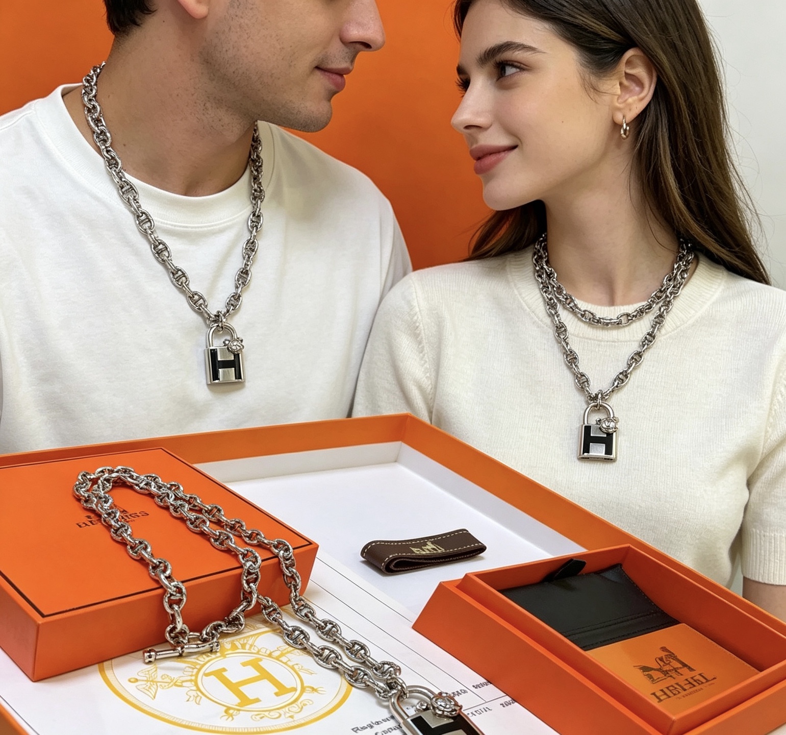 Hermes Cadenas H Lock Mickey Pendant Chaine d Ancre collar de metal plateado con esmalte negro 50cm