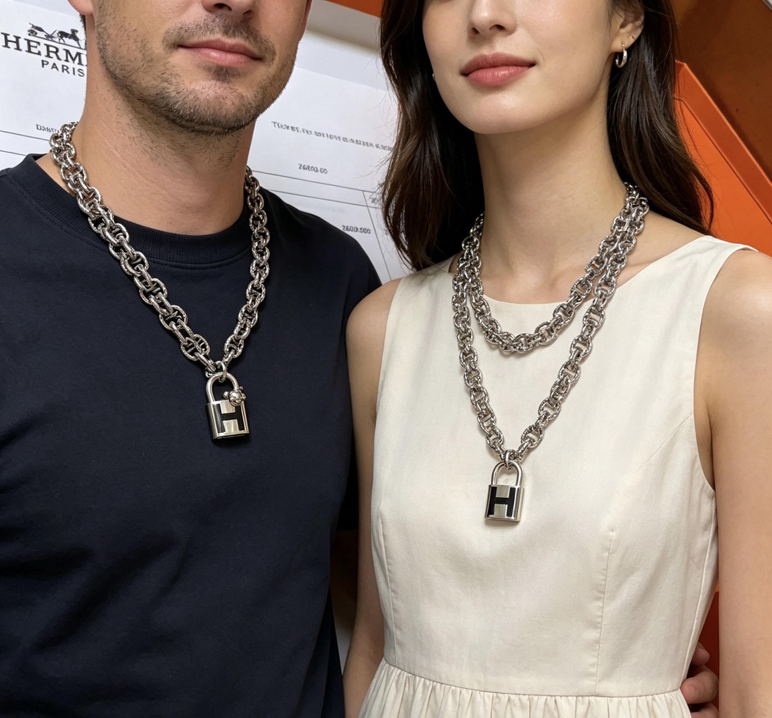 Hermes Cadenas H Lock Mickey Pendant Chaine d Ancre collar de metal plateado con esmalte negro 50cm