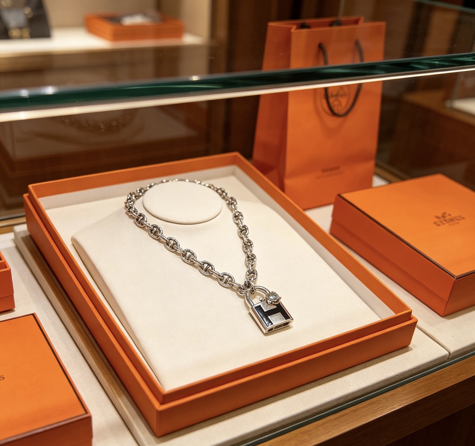 Hermes Cadenas H Lock Mickey Pendant Chaine d Ancre collar de metal plateado con esmalte negro 50cm