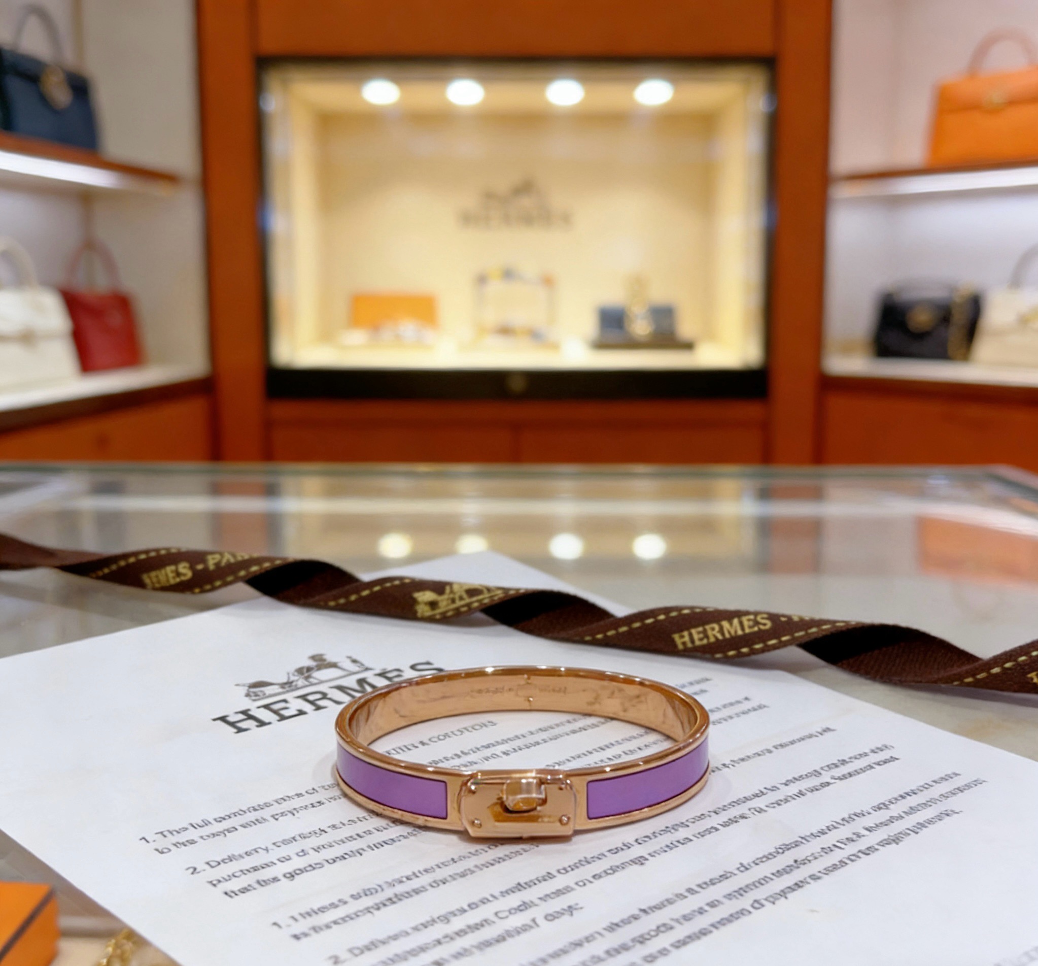 Bracciale Hermes Kelly in metallo oro rosa con intarsio in smalto viola lavanda, circonferenza interna di 17 cm