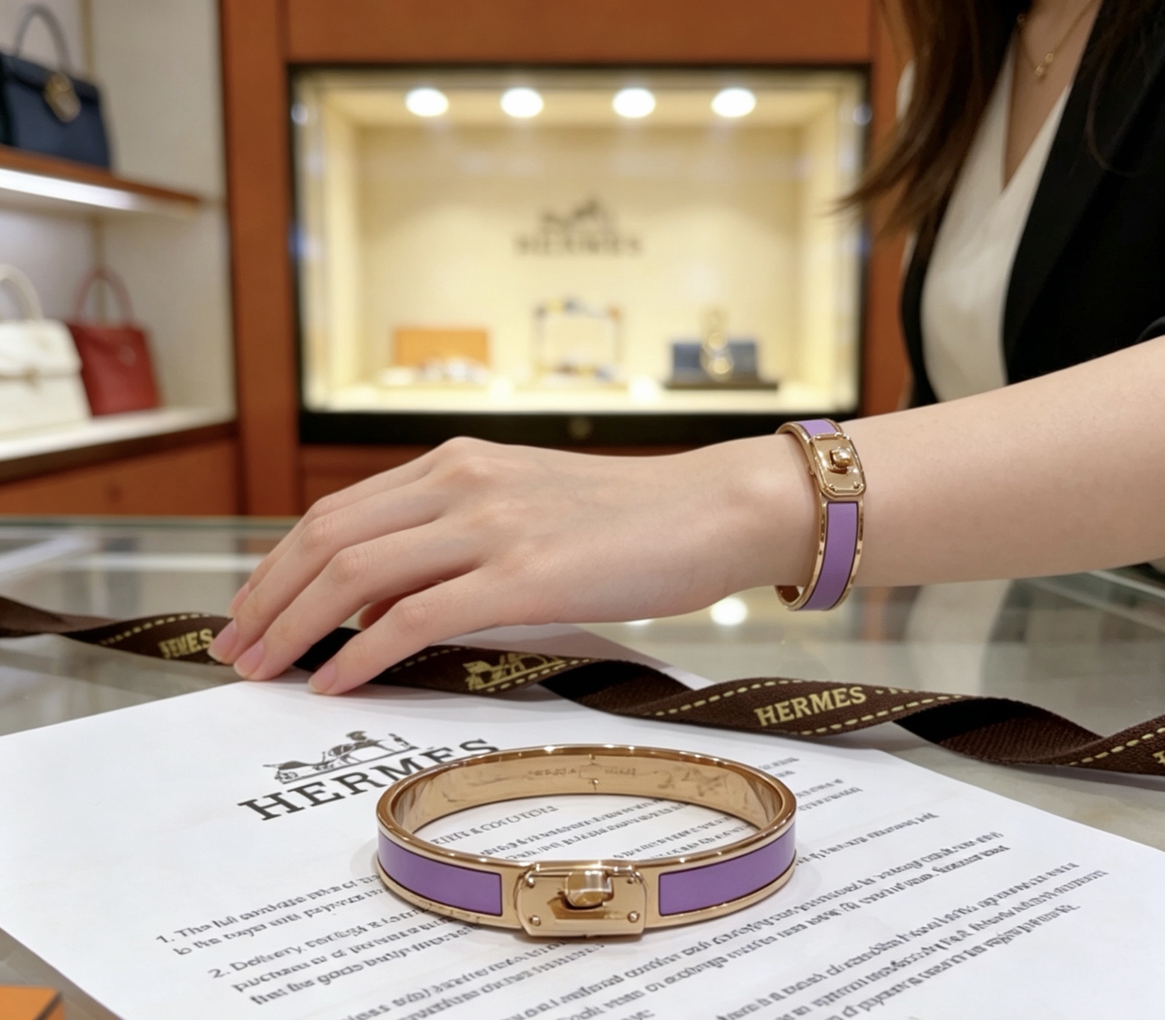Bracciale Hermes Kelly in metallo oro rosa con intarsio in smalto viola lavanda, circonferenza interna di 17 cm