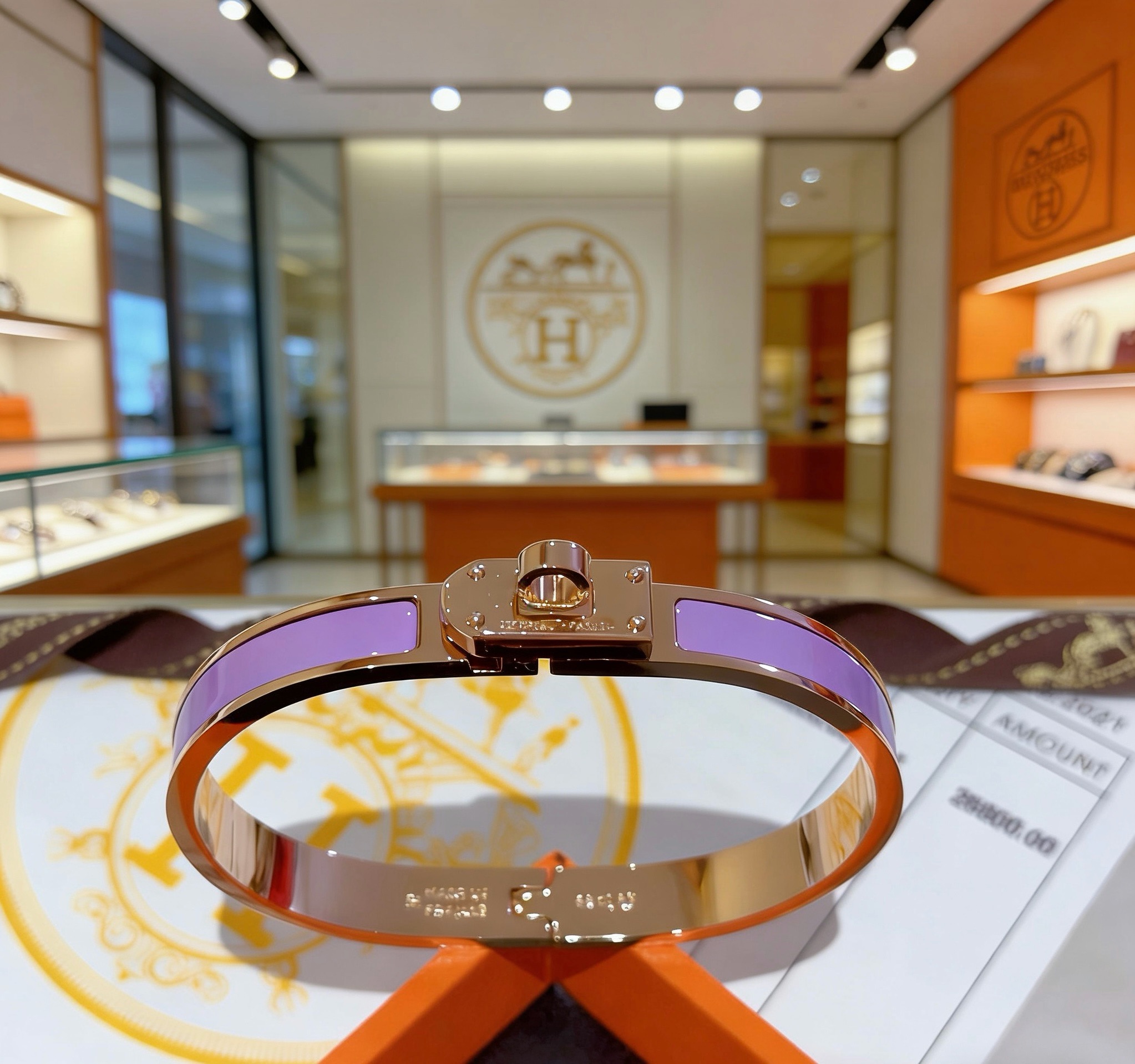 Bracciale Hermes Kelly in metallo oro rosa con intarsio in smalto viola lavanda, circonferenza interna di 17 cm