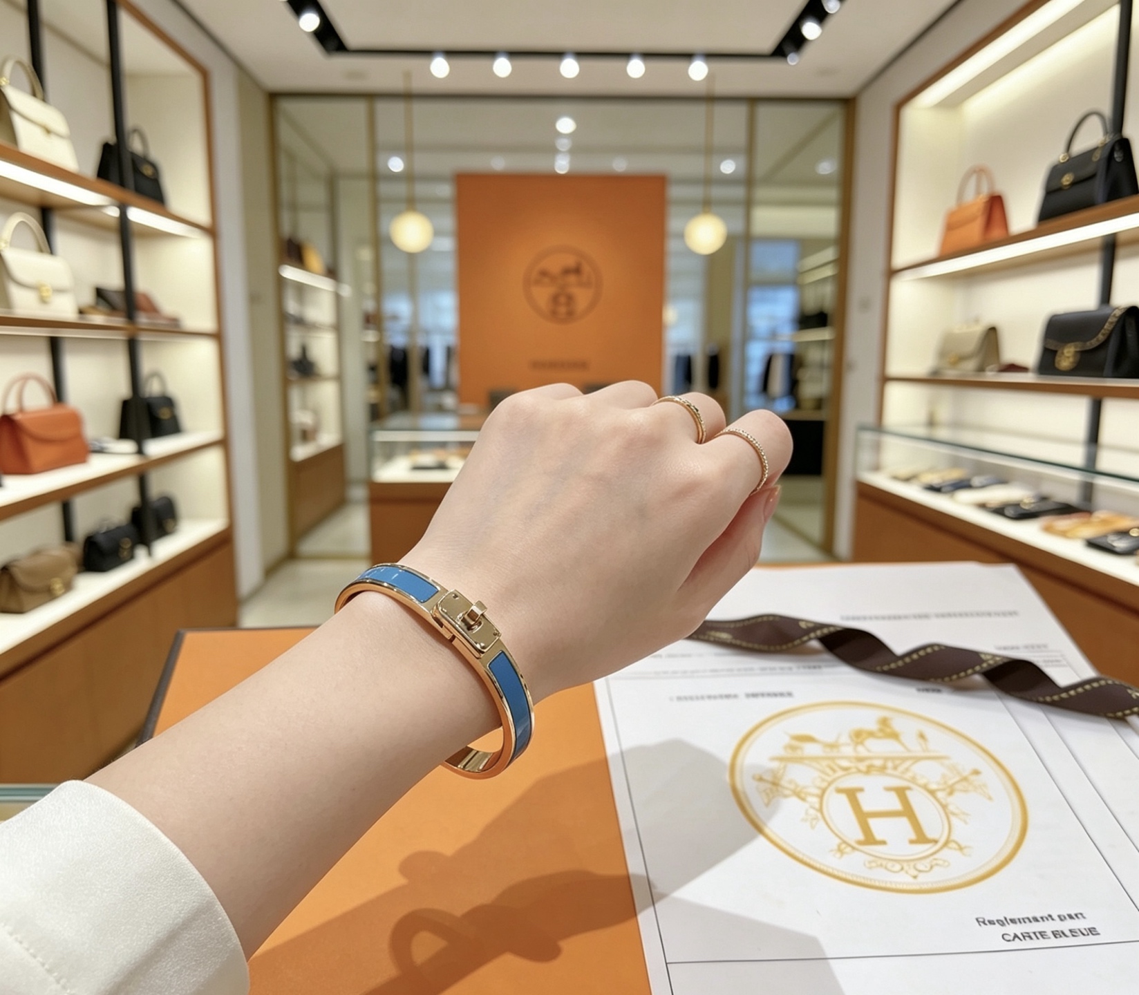 Bracelet Hermes Kelly métal doré rose et émail bleu PM